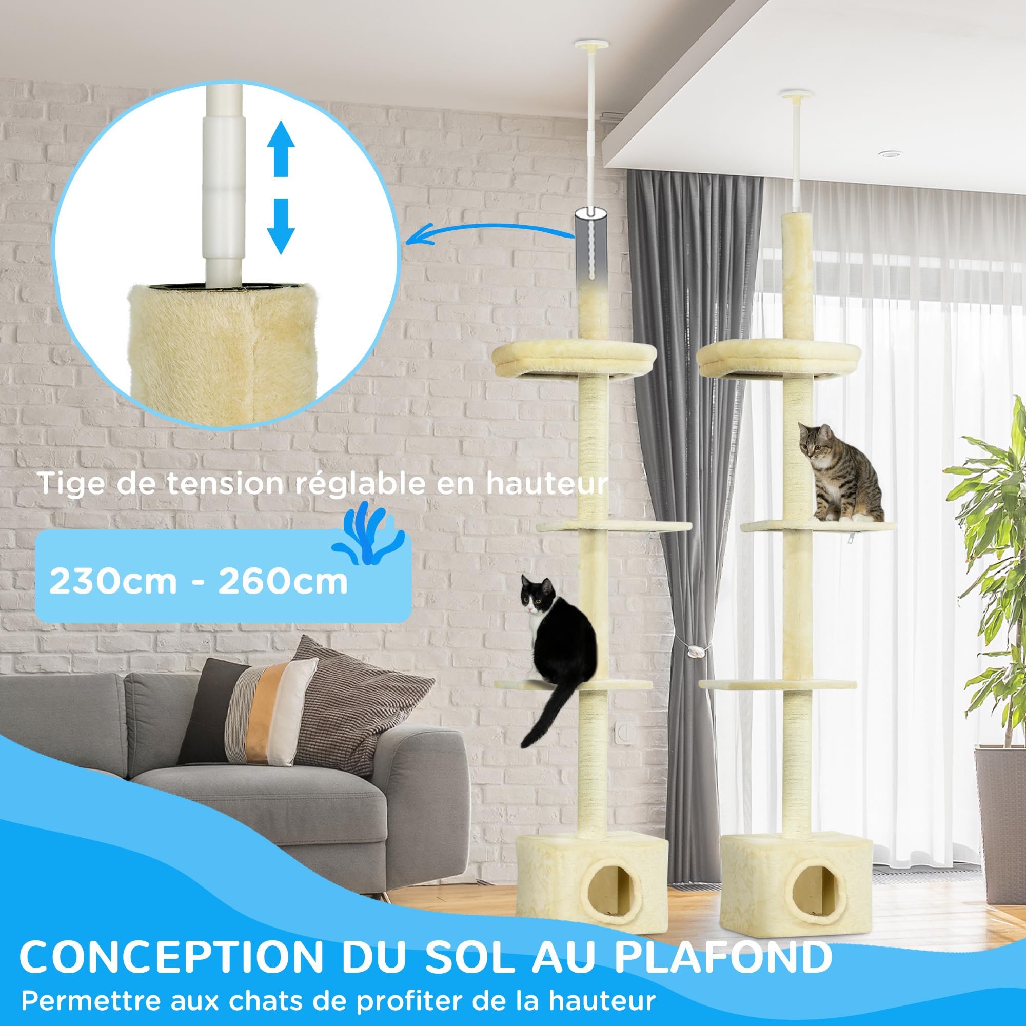 PawHut Arbre à Chat Hauteur réglable de 230 à 260 cm Tour de Jeux pour Chat Poteau à griffer 4 Niveaux d'activités avec Niche Peluche Beige