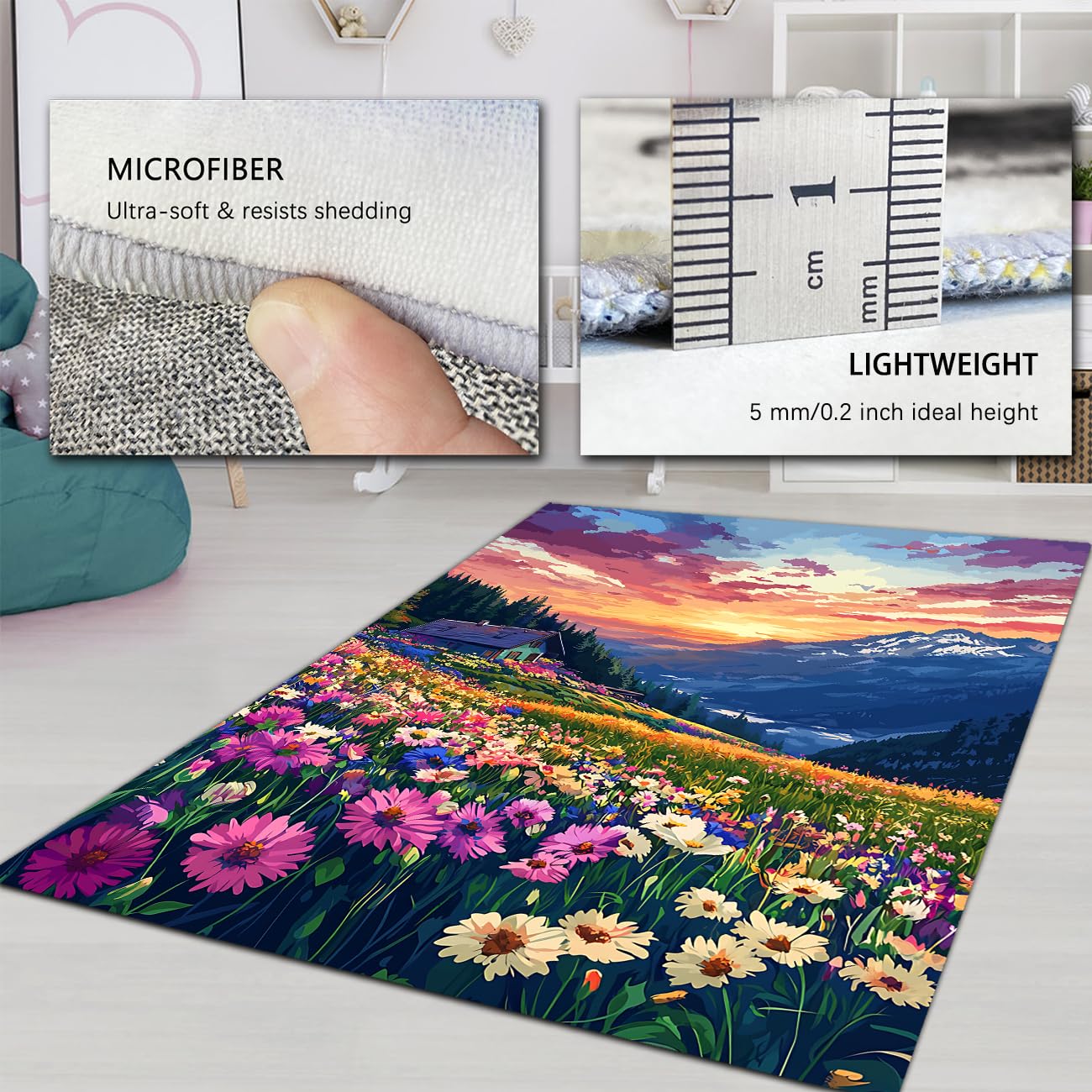 Tapis de Champ Fleurs Marguerites Plantes Naturelles Tapis antidérapant Montagne Coucher de Soleil Paysage Peinture paysagère Art Tapis de Sol intérieur Tapis pour Salon Chambre 160x200cm