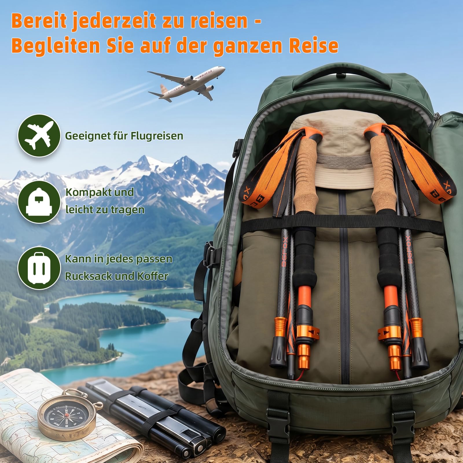 3K Carbon Trekkingstöcke Faltbar, Ultraleicht, 3-Fach Klappbar, Höhenverstellbar mit Korkgriff und Schnellverschluss, Wanderstöcke für Damen und Herren, Orange