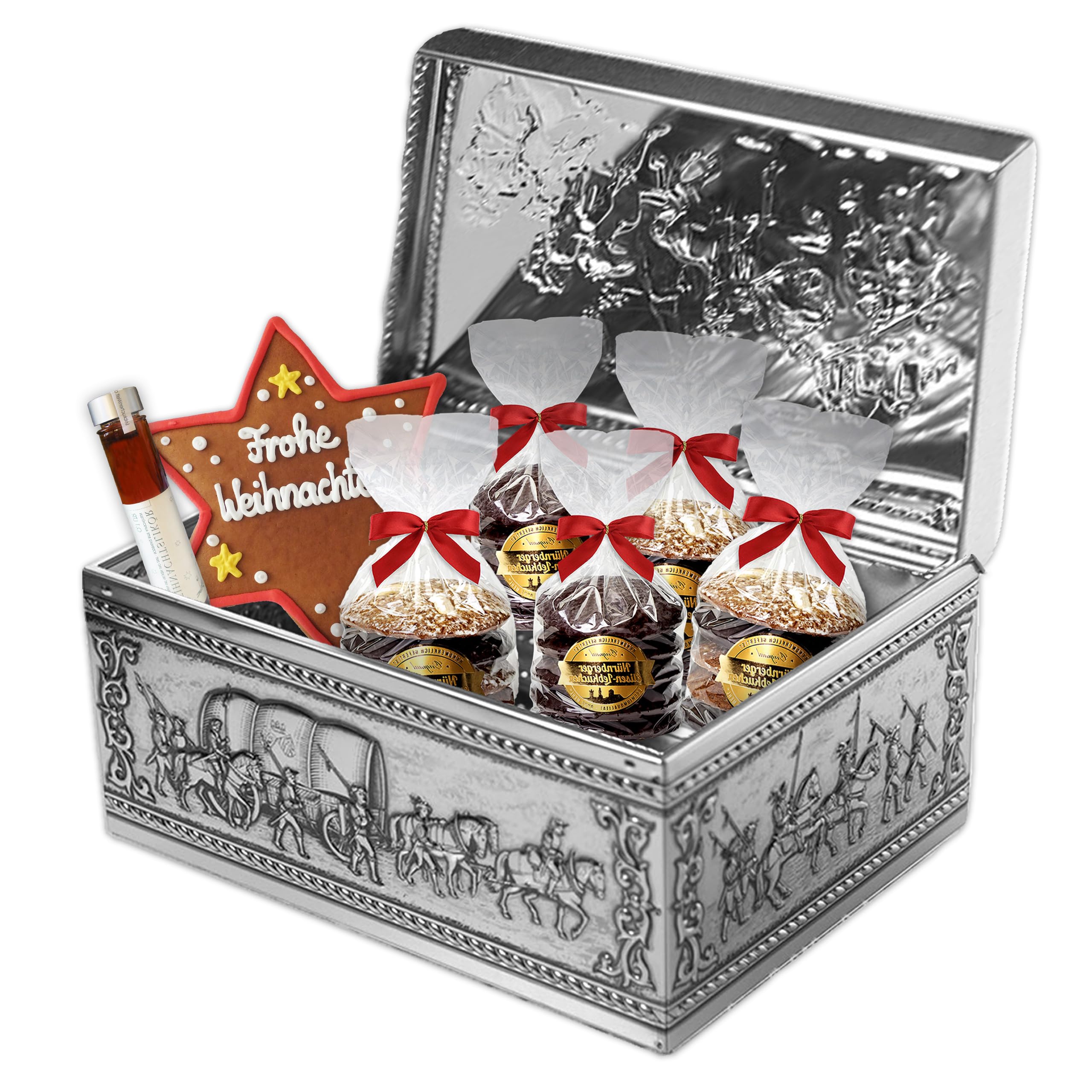 Geschenktruhe Lebkuchen Deluxe Alte Ritter Silber, ca. 2.150 g | LEBKUCHEN WELT Gefüllt mit Elisen und weiteren Köstlichkeiten – Festliche Geschenkverpackung, ideal als Weihnachtspräsent