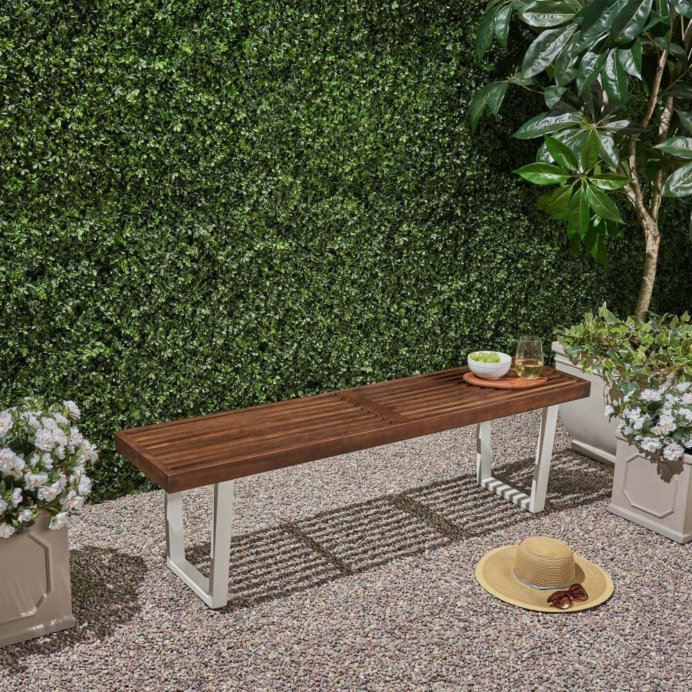 Modern Acacia Wood Dining Bench with Black Iron Legs, Contemporary Outdoor Patio Seat for Garden, Deck or Kitchen (Brown White + Acacia Wood)