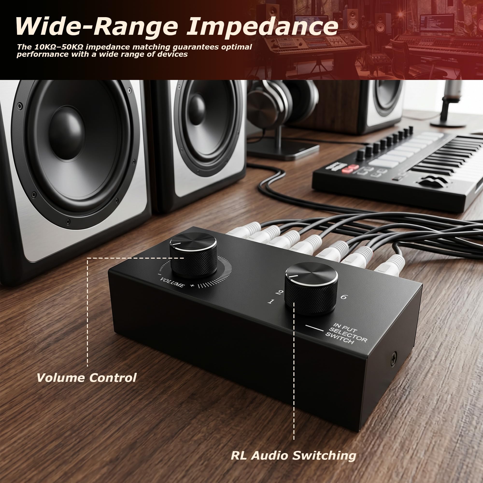Conmutador de audio RCA, selector de audio 6 en 1, caja de selección estéreo pasiva de 6 canales, caja de metal, Plug and Play, control de volumen para sistemas de alta fidelidad