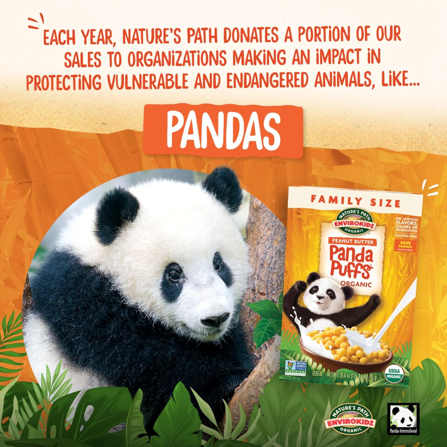 EnviroKidz Organic Panda Puffs Cereal, 25.6 oz (Pack of 4), Peanut Butter, Gluten Free, Non-GMO, by Nature's Path