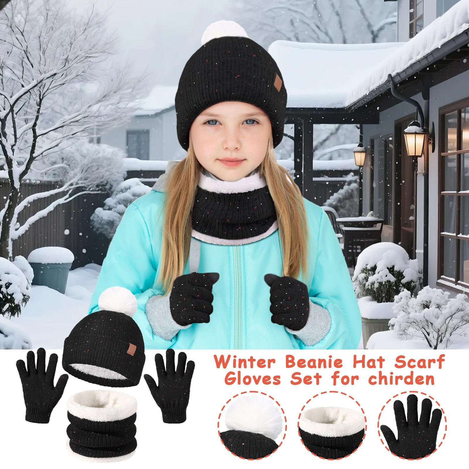 Set invernale con cappello e sciarpa e guanti per bambini, con cappello lavorato a maglia, morbido, confortevole, per il freddo, per passeggiate, pattinaggio, ciclismo, escursionismo, avventure