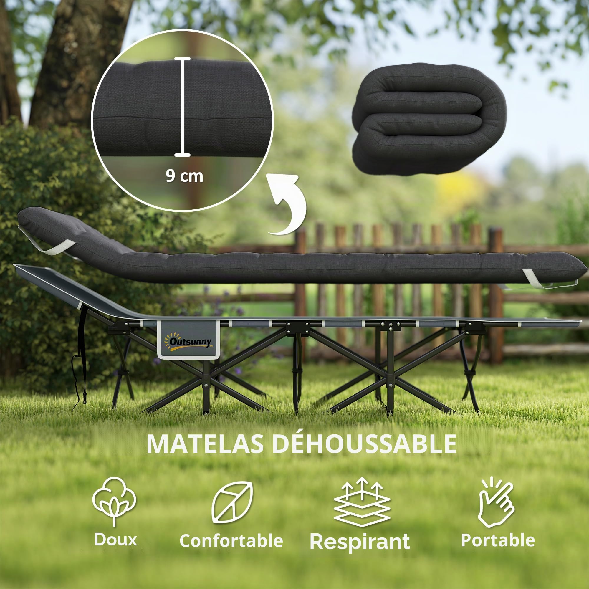 Outsunny Lit de Camping Pliant avec Matelas, lit de Camp Pliable 1 Personne Robuste et Portable avec Pieds antidérapants et Sac de Transport pour Jardin, Voyage, pêche, Noir