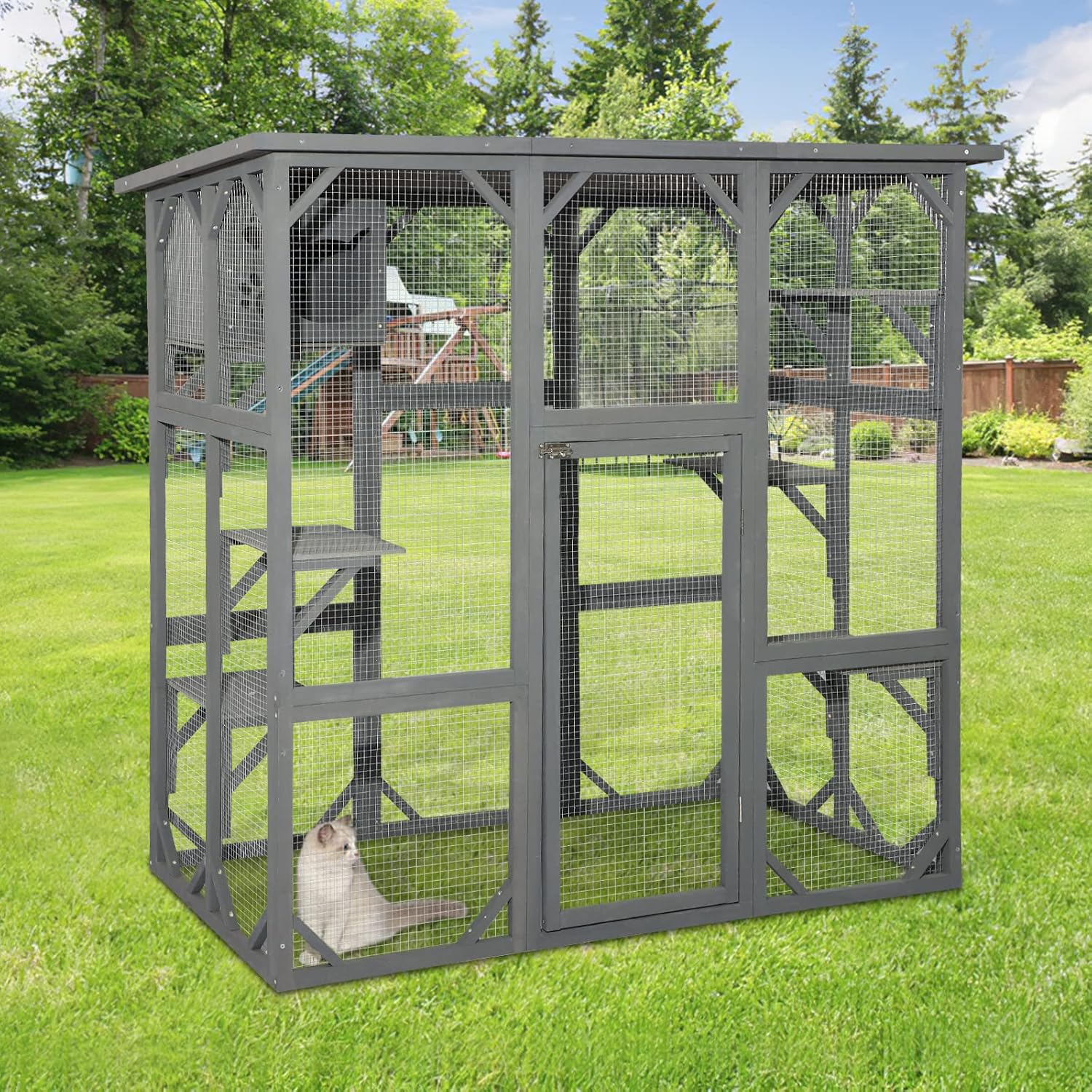 TITIMO Wooden Catio Outdoor Cat Enclosure, Large Wooden Outdoor Cat House with Small House, Cat Cage with 6 Platforms and Weather Protection (Gray)