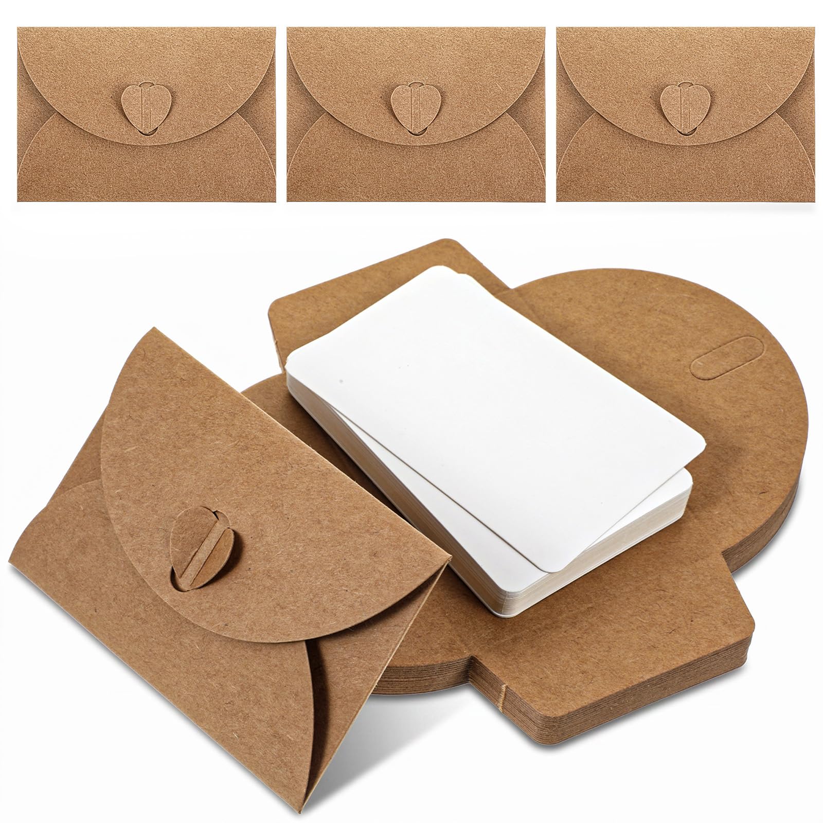 28Pcs Mini Cards with Envelopes, Brown Paper Mini Envelopes with Blank Cards, 4.1 x 2.8 inch Envelope with Heart Clasp for Weddings Favors Greeting Business Graduation Birthday