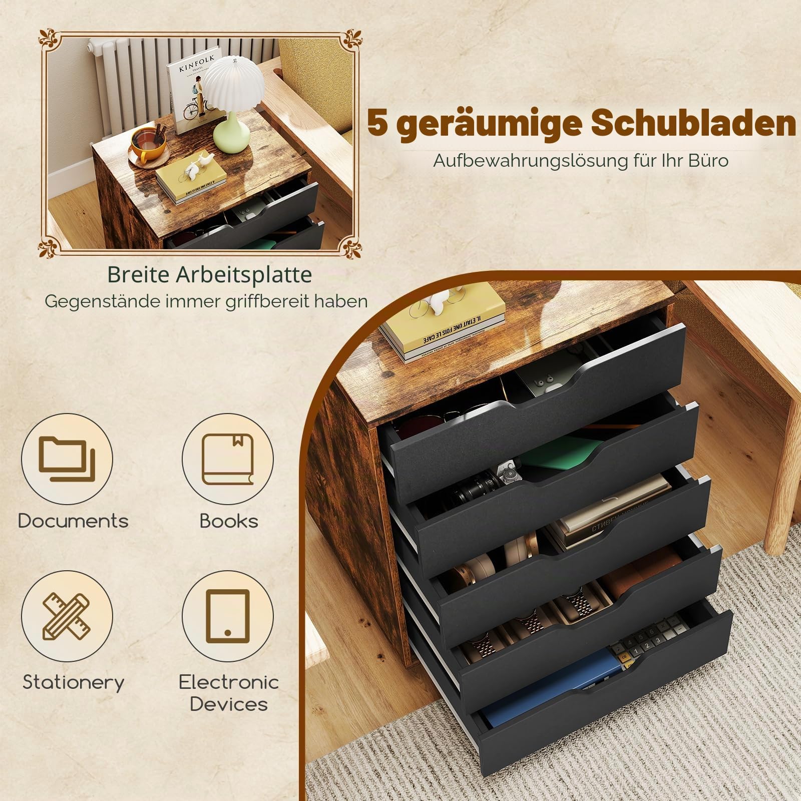GIANTEX Aktenschrank auf Rollen, Rollcontainer mit Schubladen, mobiler Druckerständer für Home-Office & Büro, für Ordner, Dokumente, Papiere (Schwarz + Braun, 49 x 40 x 65 cm)