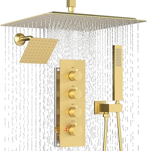 Miniatura 17 de Enga Sistema de ducha termostático doble, grifo de ducha de lluvia doble de montaje en pared de 12 pulgadas + 6 pulgadas, todas las funciones se Oro