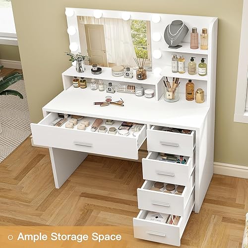 Vista 2 de Quimoo Escritorio de tocador con espejo y luces, tocador de maquillaje con 5 cajones y estantes de almacenamiento, mesa de tocador blanca, 3 modos