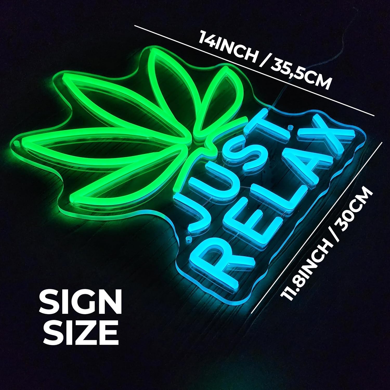 JUST RELAX LED Neon Sign (14x11.8in) – Green Cannabis Leaf Light for Bar, Lounge & Home | Decor Wall Light USB Powered