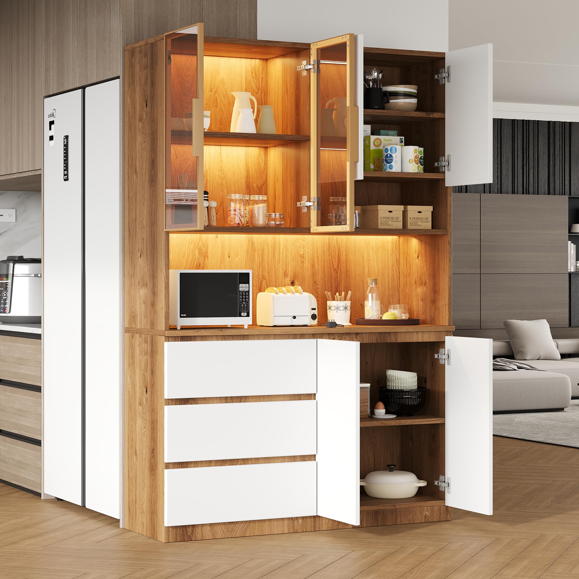 Armadi da cucina, vetrine da cucina con illuminazione a LED, armadi multifunzionali con 3 cassetti, 6 ante e ripiani per riporre stoviglie, forno a microonde. Dimensioni: 120,5 × 40 × 180 cm