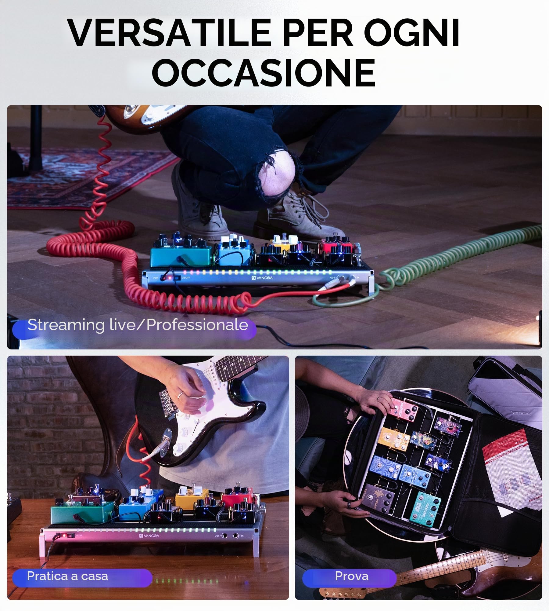 Vangoa Pedaliera per chitarra Pedalboard con Alimentatore Isolato,Incorporato PD-M in Alluminio, Piccola Pedaliera Portatile Pieghevole per Chitarra con Borsa per il Trasporto, Grigio