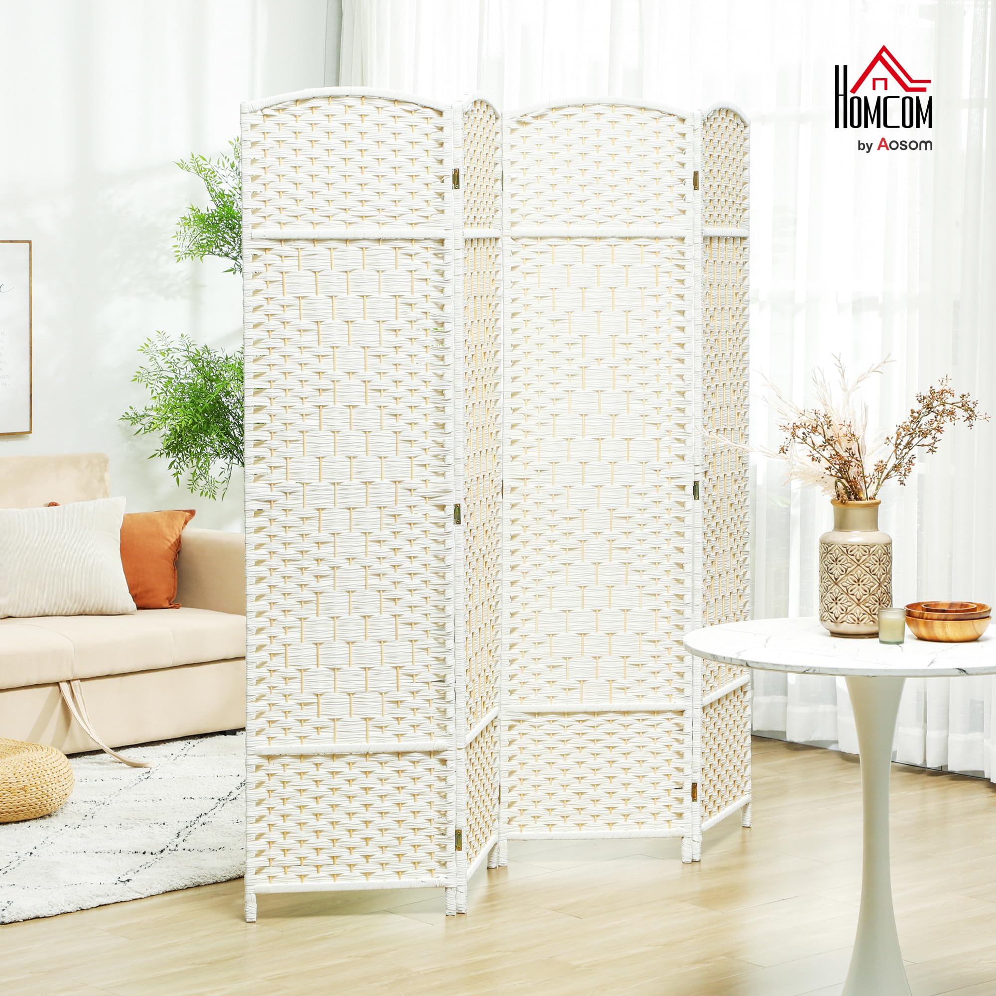 HOMCOM Paravent - Divisorio pieghevole, 4 pezzi, 180 x 180 cm, colore: Bianco