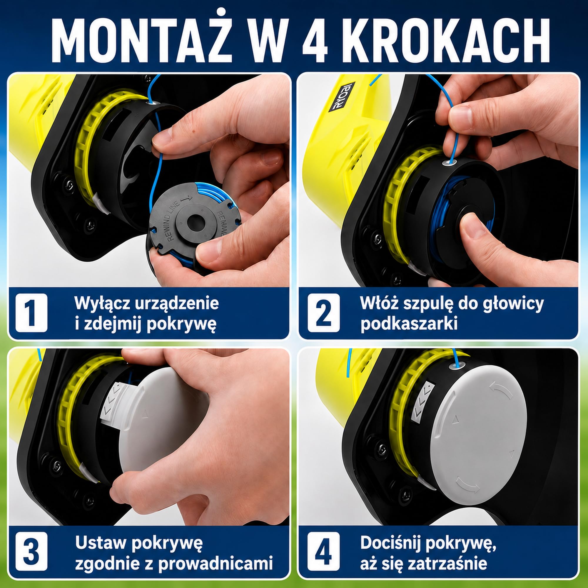 12 x szpula do podkaszarki + 4 x nasadka do Ryobi One+ 18 V, 24 V, 40 V, zapasowa szpula żyłki AC14RL3A, kompatybilna z podkaszarką do trawy Ryobi, nylon Ø 1,65 mm, długość 3,35 m