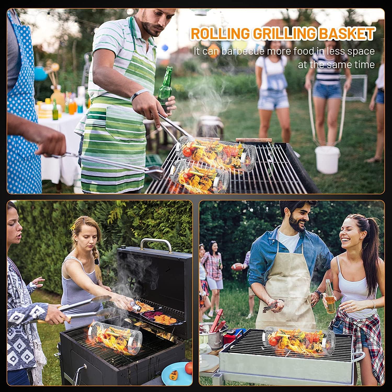 New Stainless Steel Barbecue Cooking Grill Baskets for Outdoor Grill - Grill Grate - Outdoor Round BBQ Stainless Steel Grill Basket Campfire Grill Grid - Camping Picnic Cookware (2pcs Large)