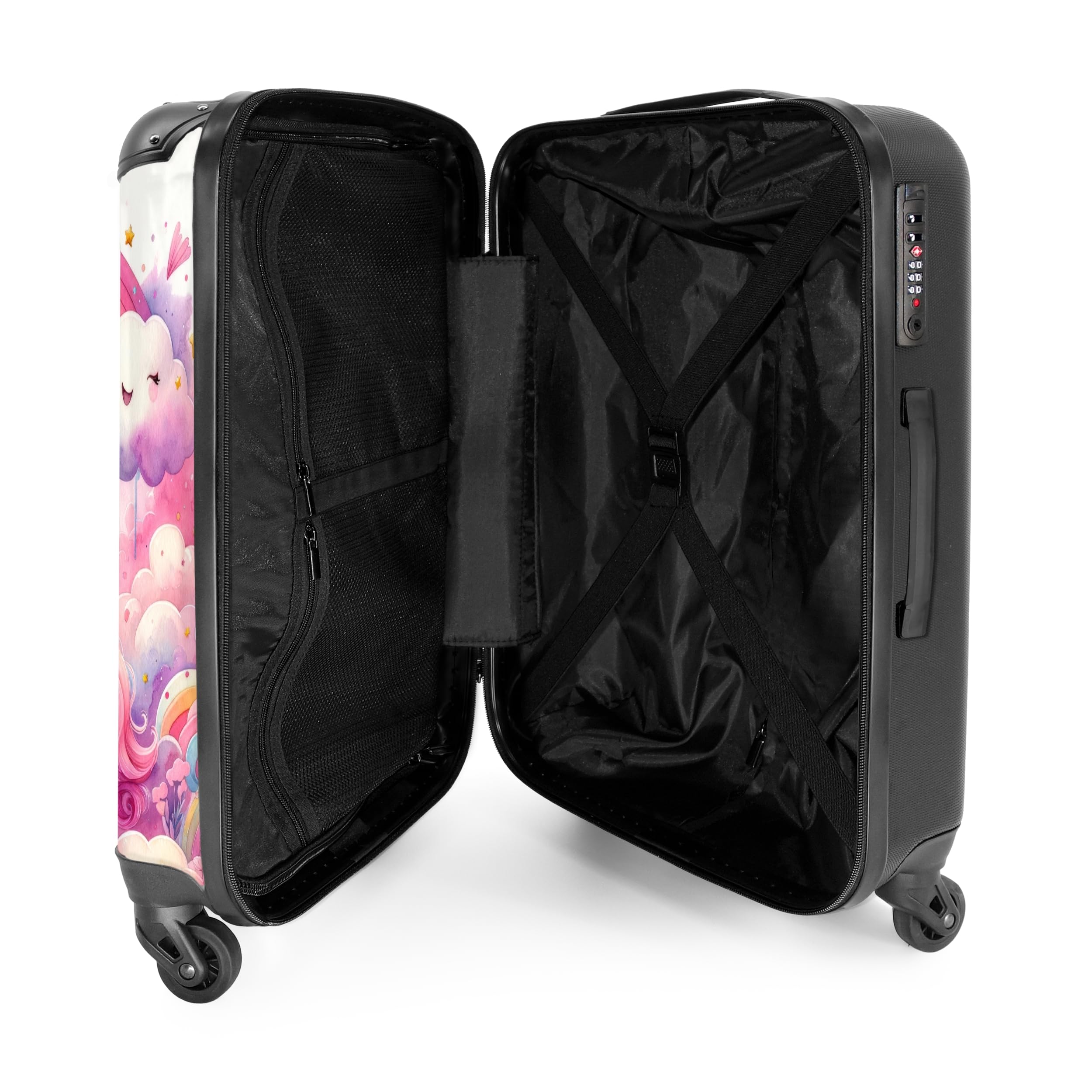 NoBoringSuitcases.com Kinderkoffer Personalisiert für Mädchen - Großer Reisekoffer, TSA, 20kg Gepäck, Mittelgroß (Prinzessin-Regenbogen, 67 cm - 72 L)