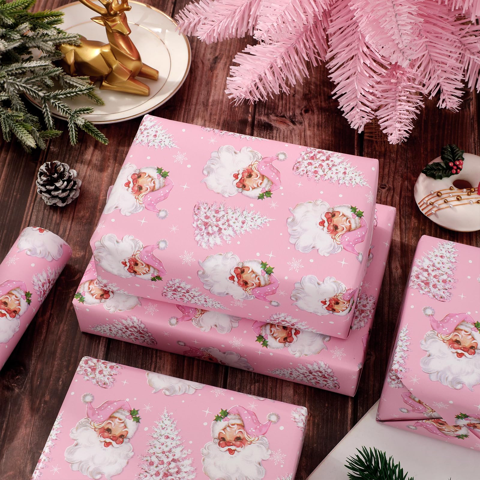 JarThenaAMCS Mini rouleau de papier cadeau de Noël – 43,2 cm x 10 m – Papier cadeau rose pour loisirs créatifs, fournitures de fête à la maison