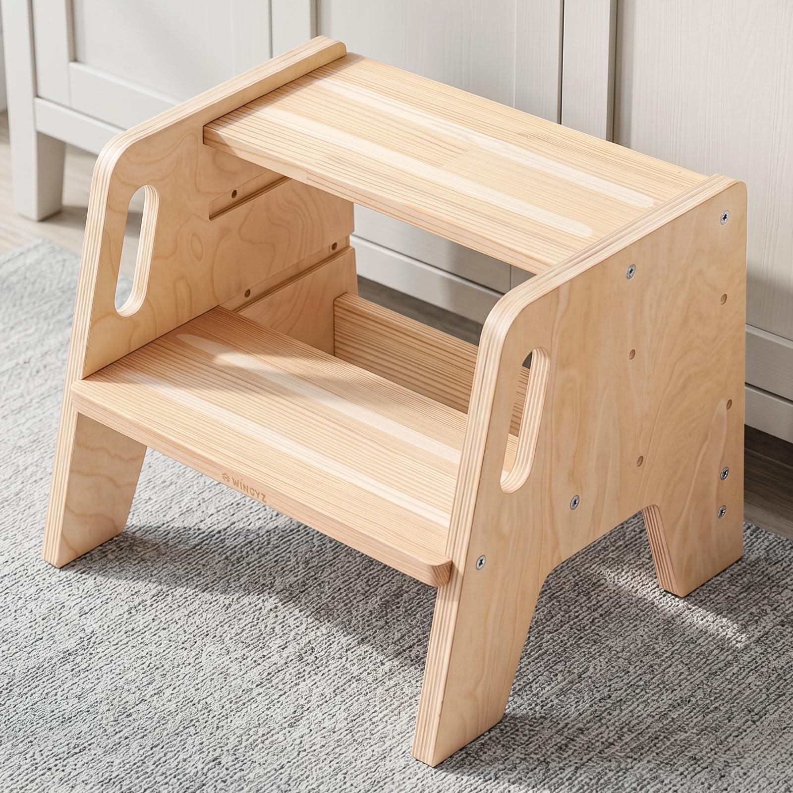WINGYZ Wooden Toddler Step Stool, 3 Adjustable Heights, Handles,Natural