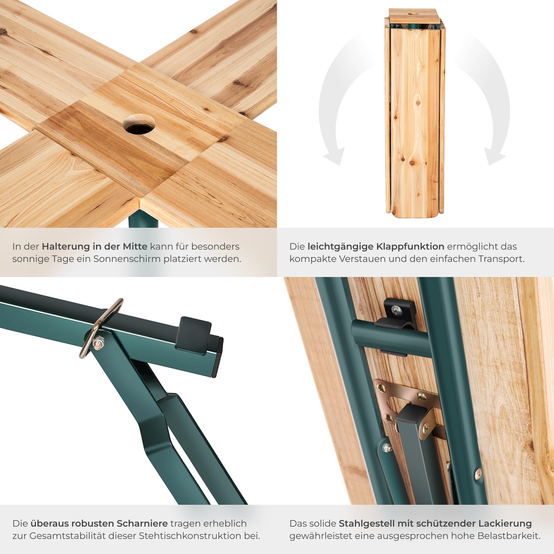 tectake® Stehtisch Quattro als Bierzeltgarnitur, XXL Biertisch aus Holz, klappbar, Outdoor Klapptisch mit Sonnenschirmhalterung, wetterbeständiger Gartentisch, Platz für 20 Personen, robust und stabil