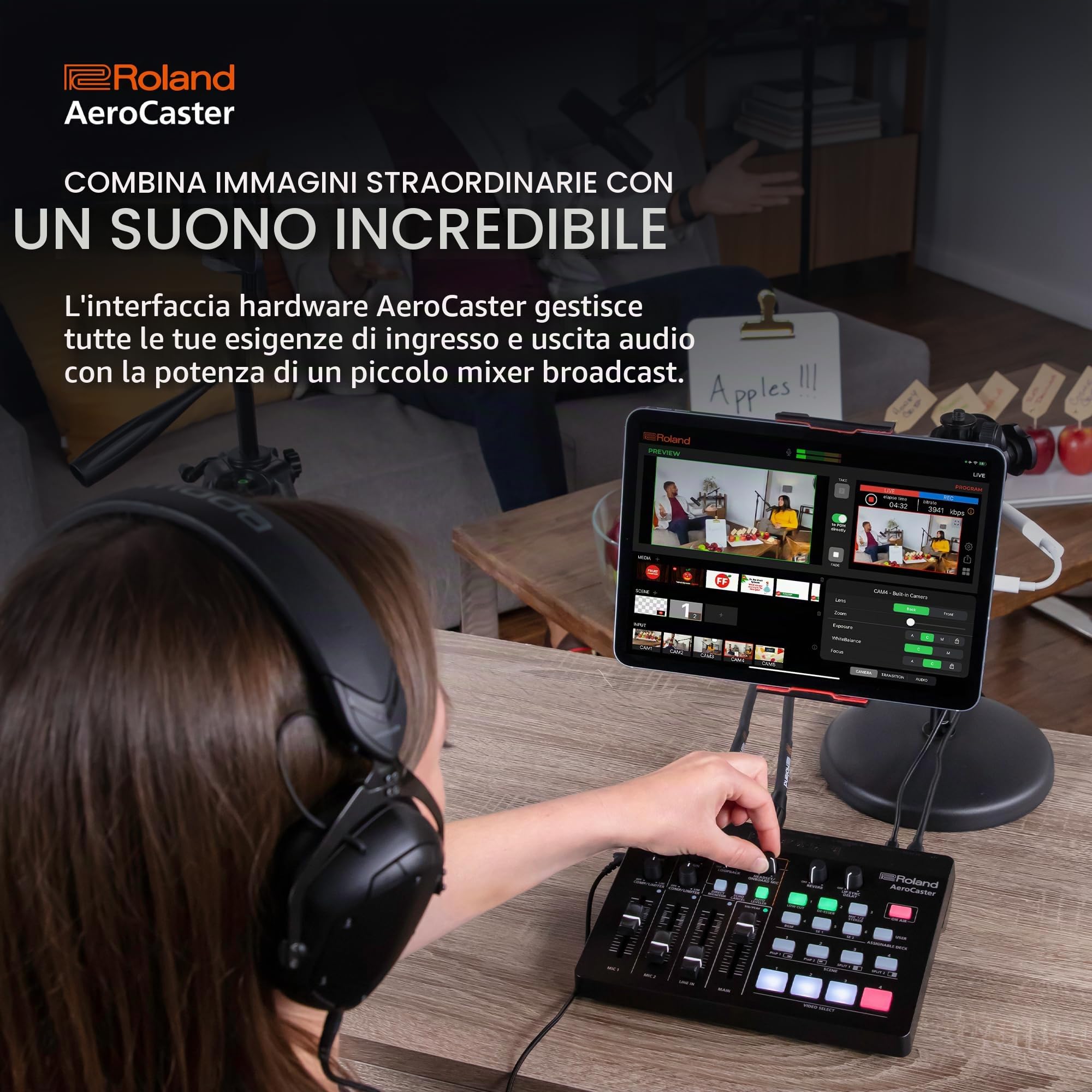 Roland AeroCaster VRC-01, Sistema per lo Streaming Live – Potente soluzione wireless per la produzione multi-camera, con controller hardware/interfaccia audio e una completa app per iPad | Soluzione di produzione multicamera wireless con interfaccia audio