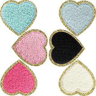 Heart Patches Glitter Chenille,6 PCS DIILLEU Heart Iron on Patches ,Chic Embroidered Glitter Chenille Patch with Gold Sequin Border for Jackets Clothing Backpack Hat Decoration