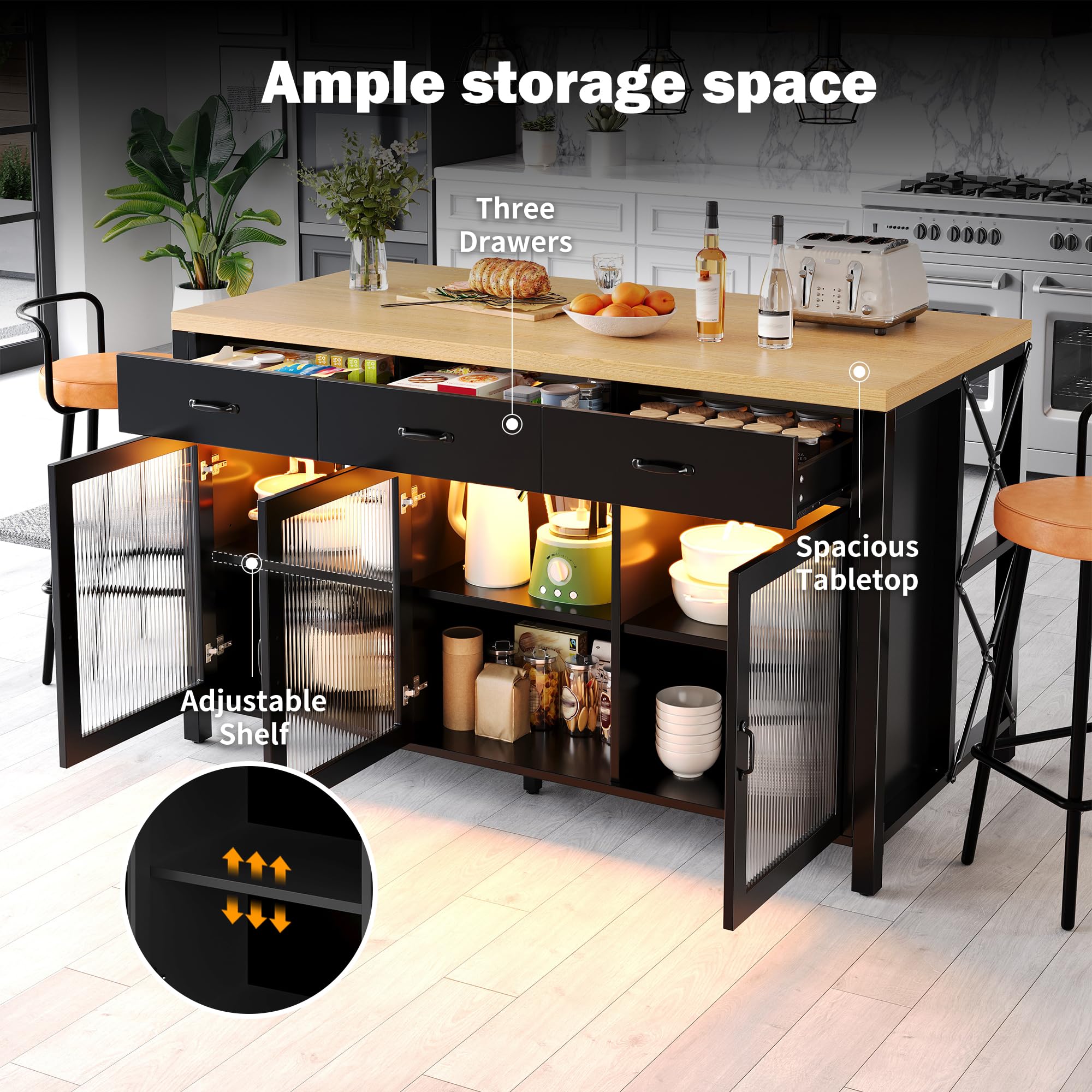 Isola da cucina con 3 cassetti e ante in vetro, design industriale, 150 x 80 x 90 cm, piedini regolabili, nero naturale
