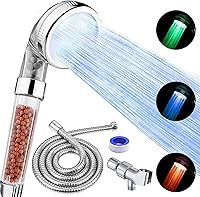 Vista 7 de Cabezal de ducha LED con mano, cabezal de ducha de alta presión con manguera, soporte y cinta de PTFE, etc., 3 cabezales de ducha filtrados