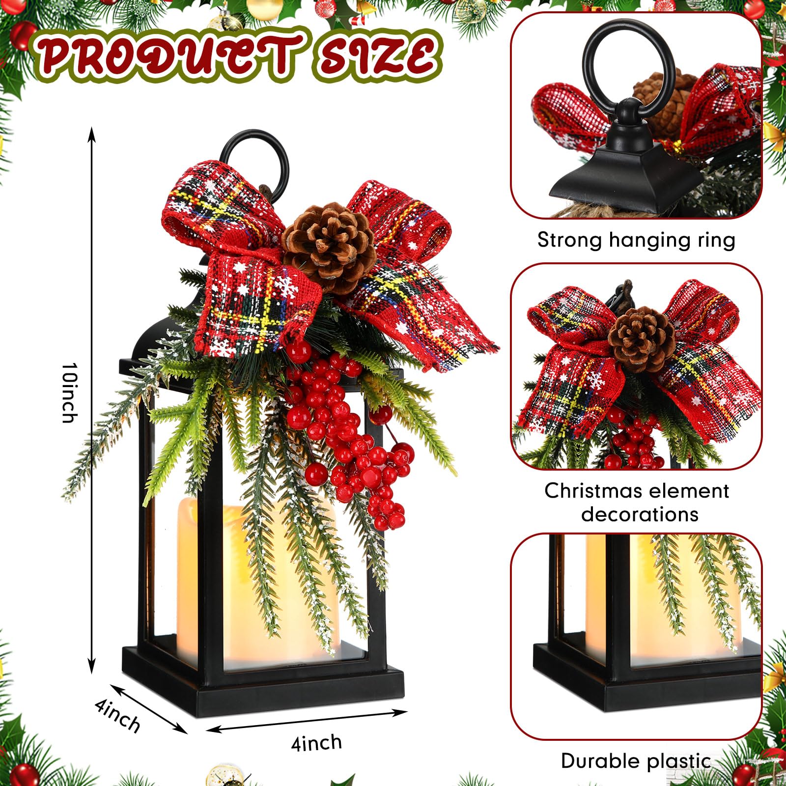 2 lanterne decorative natalizie da 25,4 cm, con LED tremolante, senza fiamma, motivo scozzese, fiocco, bacche, decorazioni da appendere per veranda, tavolo, centrotavola, decorazioni per feste