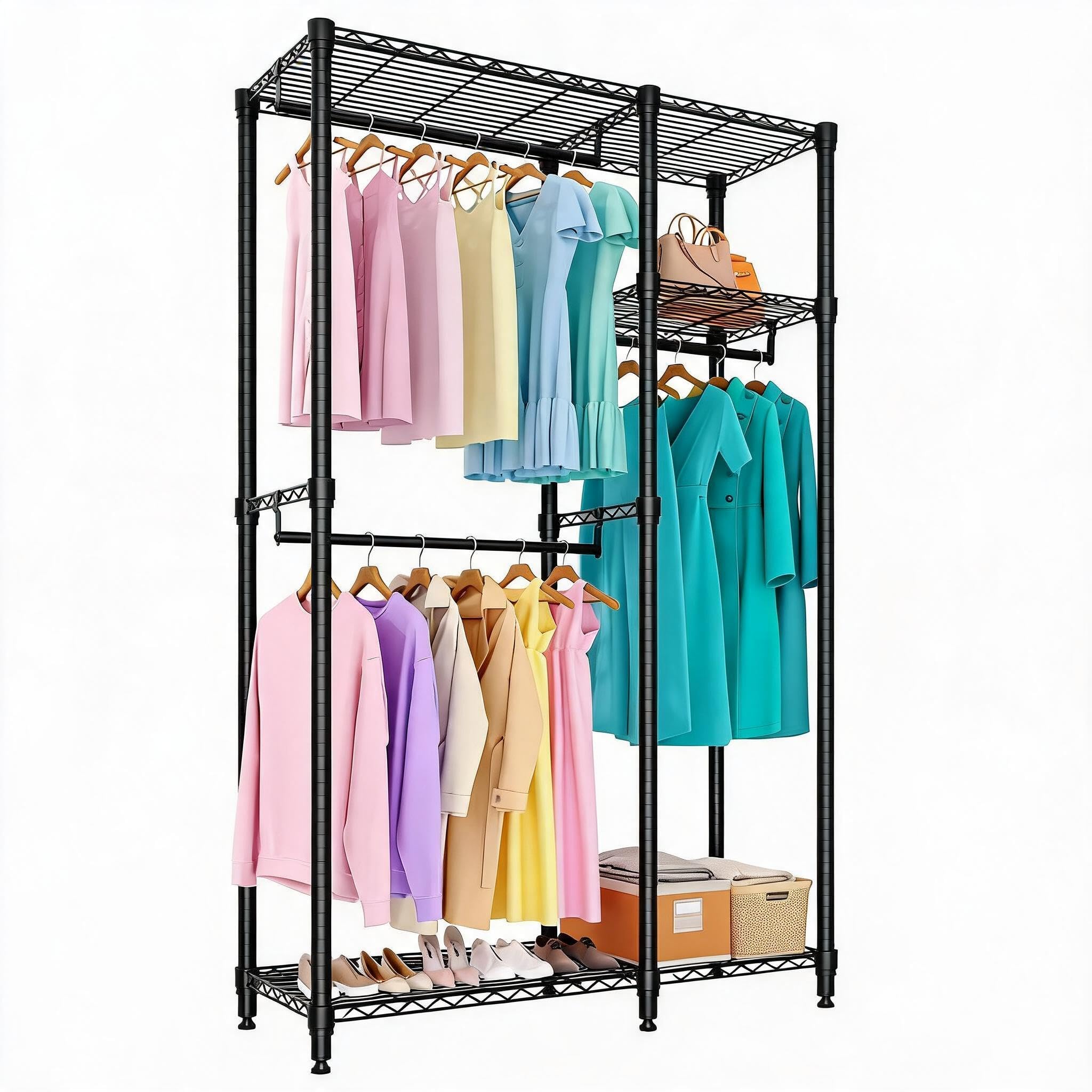 Aptliton Coat Rack, 2-Piece Combination, Open Metal Wardrobe with 2 Shelves and 3 Clothes Rails, Freestanding Coat Rack, 110 x 40 x 194 cm, Black, Sturdy, Space-Saving for Small Spaces