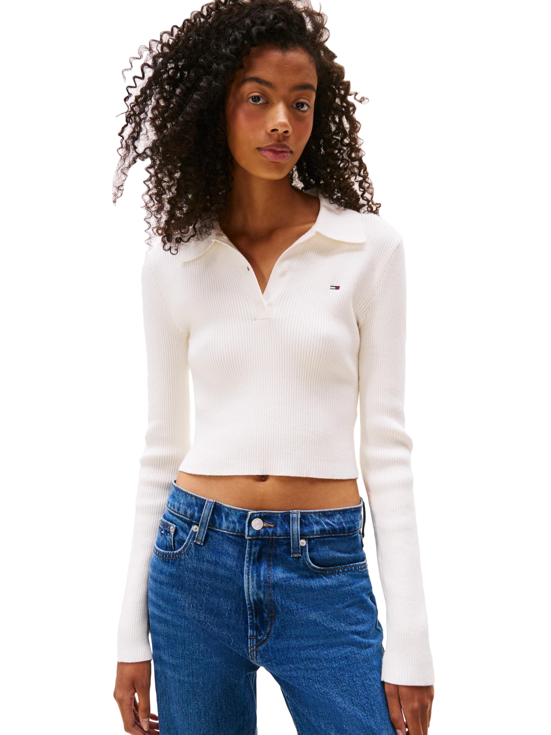 Tommy Jeans Womens Medium Weight Long Sleeve Sweater Polo with Embroidered Flag Logo