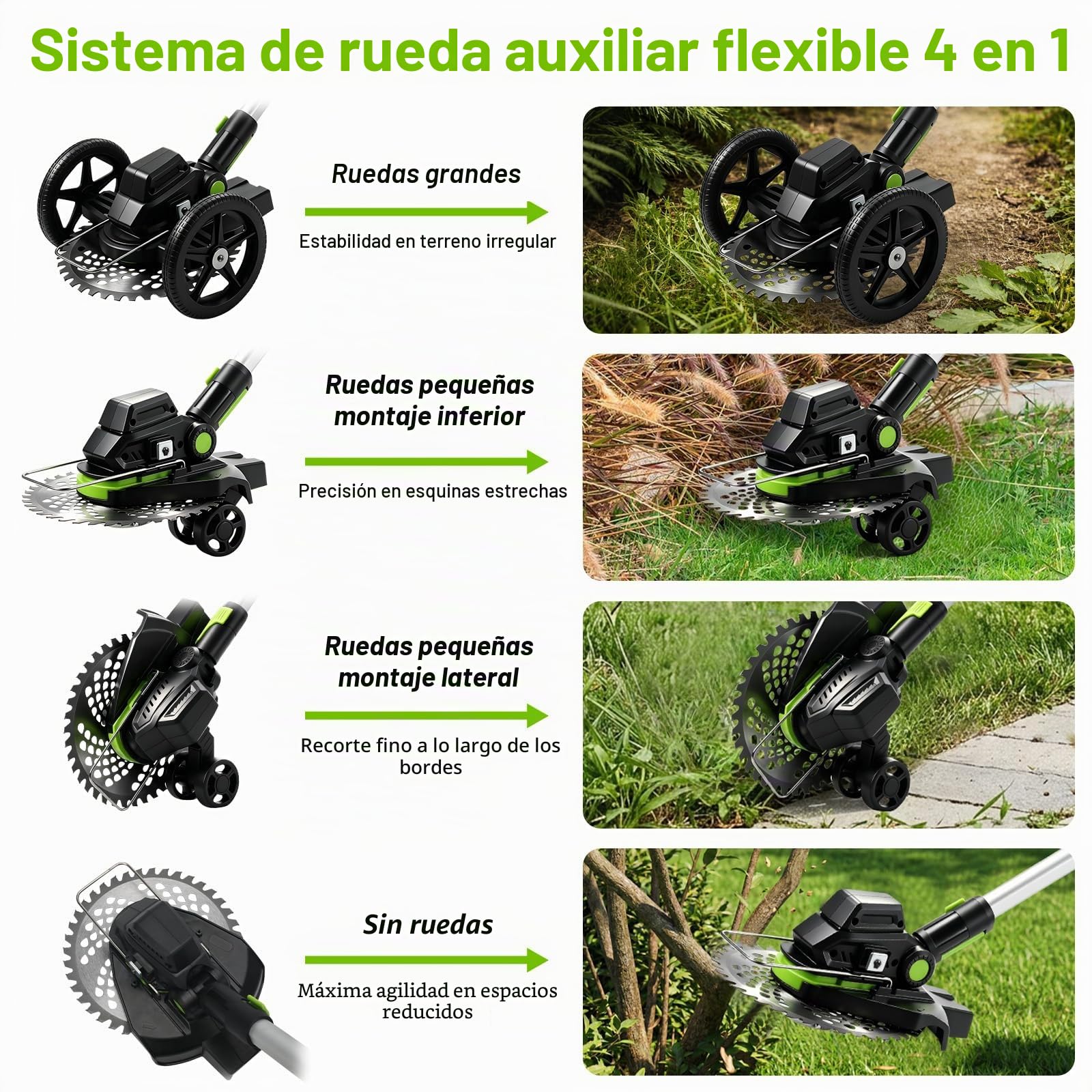 Desbrozadora 3 en 1 con batería de 630 W para Makita 18 V con 2 baterías de 4,0 Ah, 2 ruedas auxiliares, desbrozadora inalámbrica sin escobillas para césped, bordes y malas hierbas – 23 cm de ancho de
