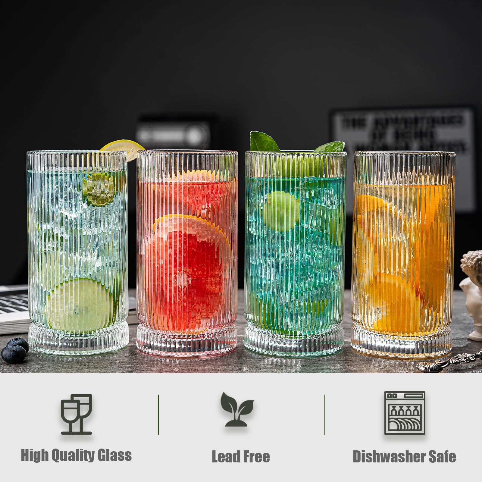 Vasos para beber, 8 vasos de vidrio estilo origami, vasos altos de 15 onzas, elegante cristalería vintage ondulada, vasos acanalados, vasos a rayas, vasos de café helado para cóctel, whisky,