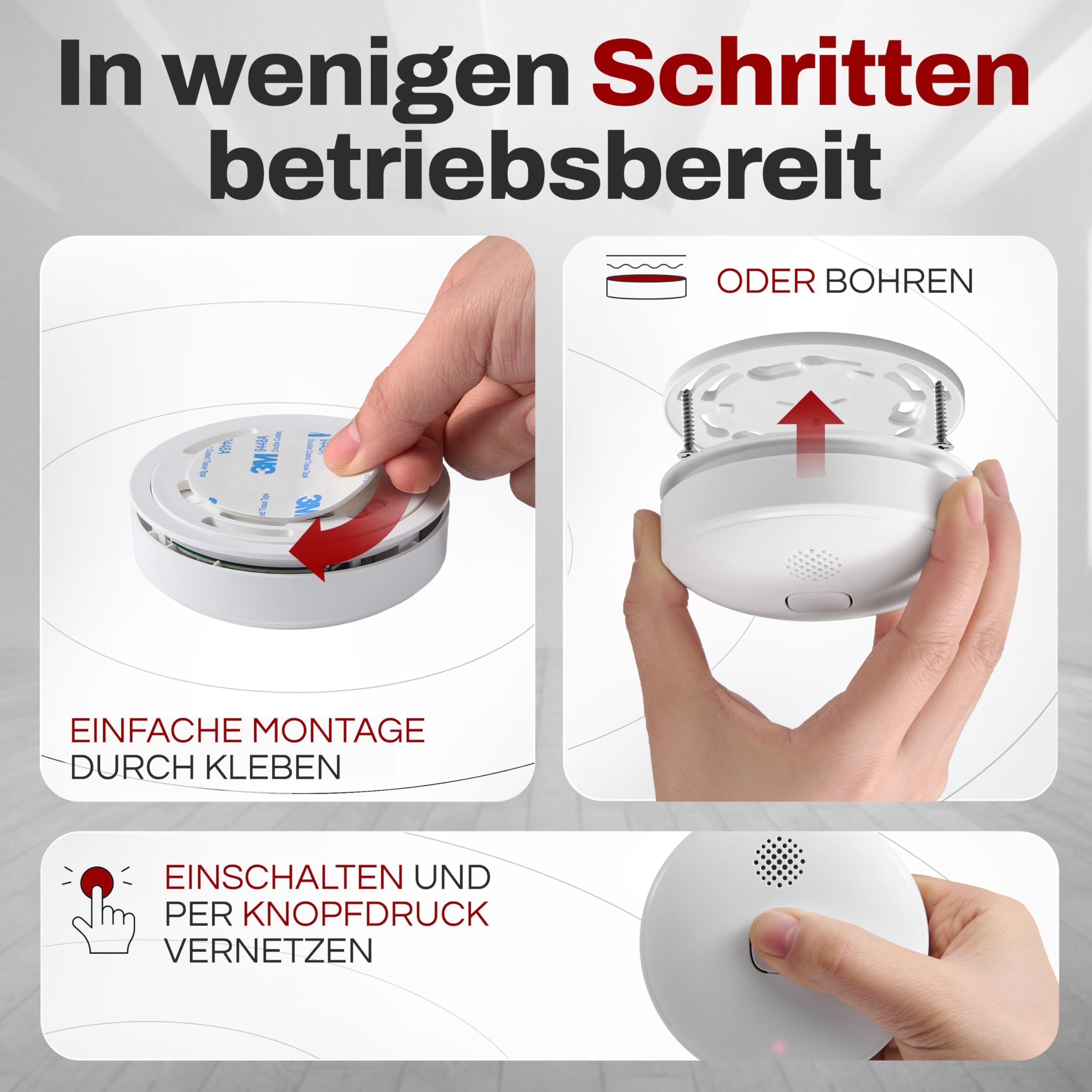 ALPENLUFT Rauchmelder mit Smart App 10 Jahre Batterie, TESTSIEGER Feuermelder Funk und WLAN Vernetzt, Rauchwarnmelder, Brandmelder, Funkrauchmelder Vernetzbar Ohne Bohren, Ohne LED Blinken, 5er + HUB