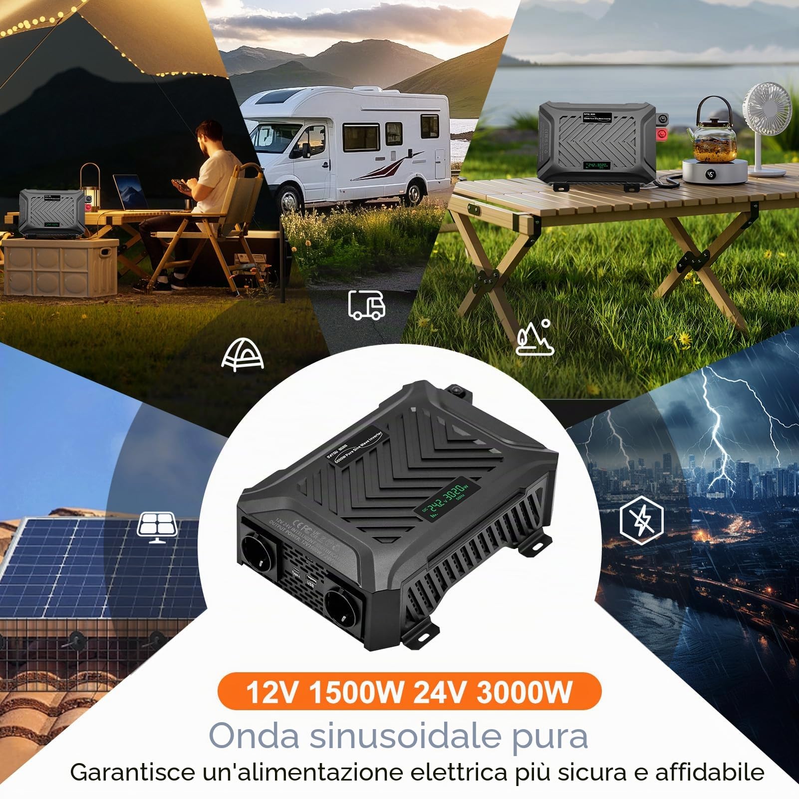 DATOUBOSS Inverter 24V 220V/230V Onda Pura 3000W/6000W, Convertitore 24V 220V 3000W con Display LCD, 2 Prese AC, USB-A e Type-C, per Camper, Casa, Impianti Fotovoltaici e Off-Grid