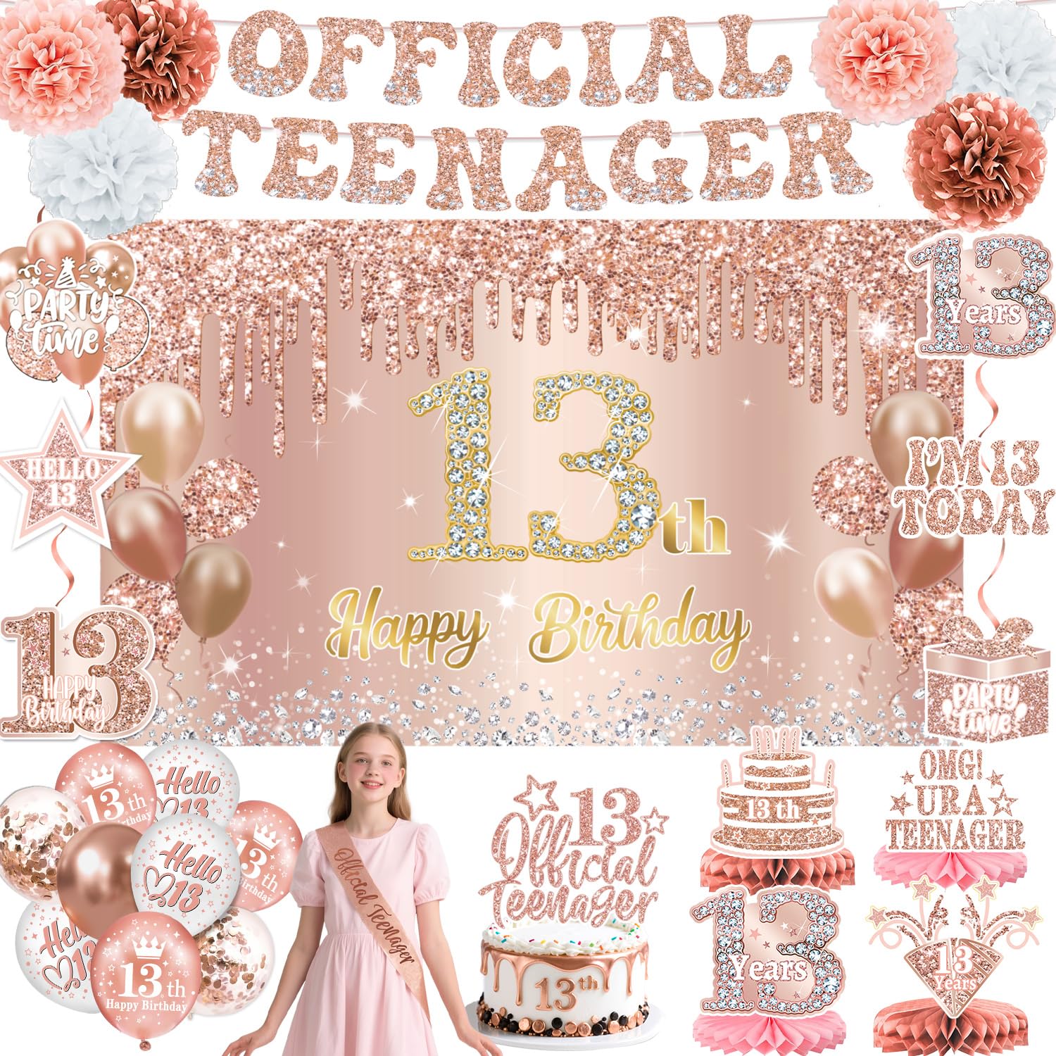 QIYANPAX 53 Piece Rose Gold 13th Birthday Decorations