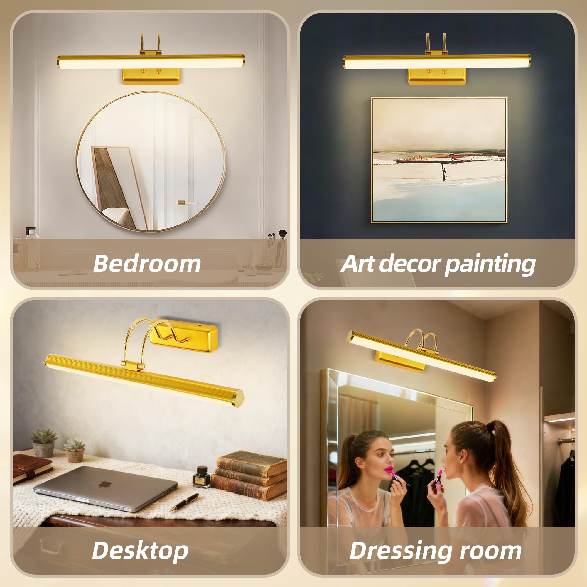 Lampada a Specchio da Bagno 42 cm LED Oro, Lampada da Parete Orientabile 12W IP44 Impermeabile, Moderna per Cucina Armadio