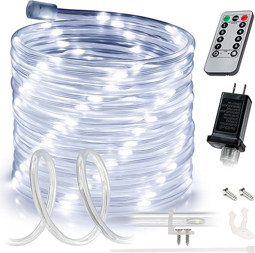 WYZworks 100ft Cool White LED Rope Light, 8 Modes Waterproof Outdoor Accent Lighting w/Remote, Flexible Clear Tube, ETL Certified, Garden, Patio, Backyard, Holiday Christmas Palm Tree Ambient Décor