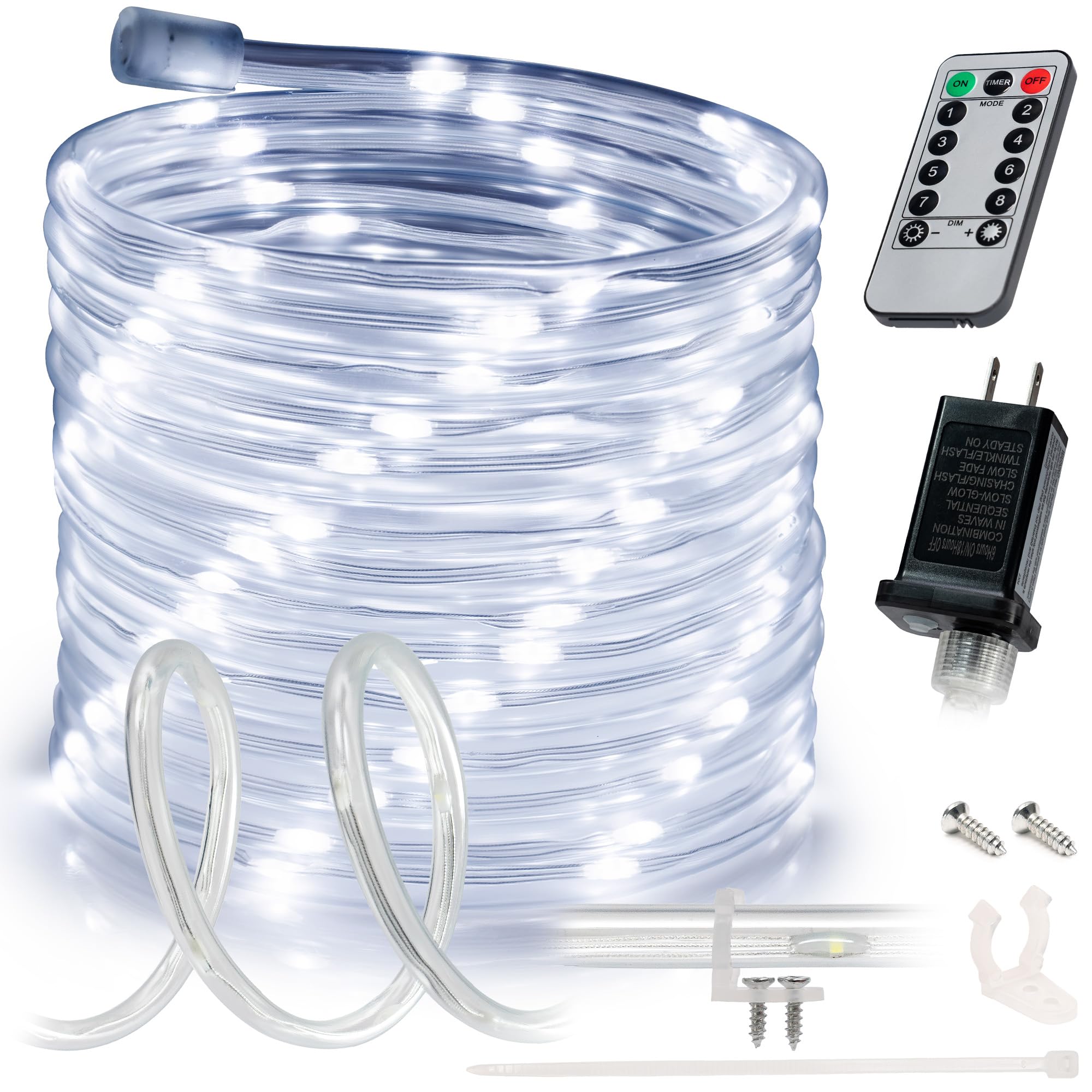 WYZworks 50ft Cool White LED Rope Light, 8 Modes Waterproof Outdoor Accent Lighting w/Remote, Flexible Clear Tube, ETL Certified, Garden, Patio, Backyard, Holiday Christmas Palm Tree Ambient Décor
