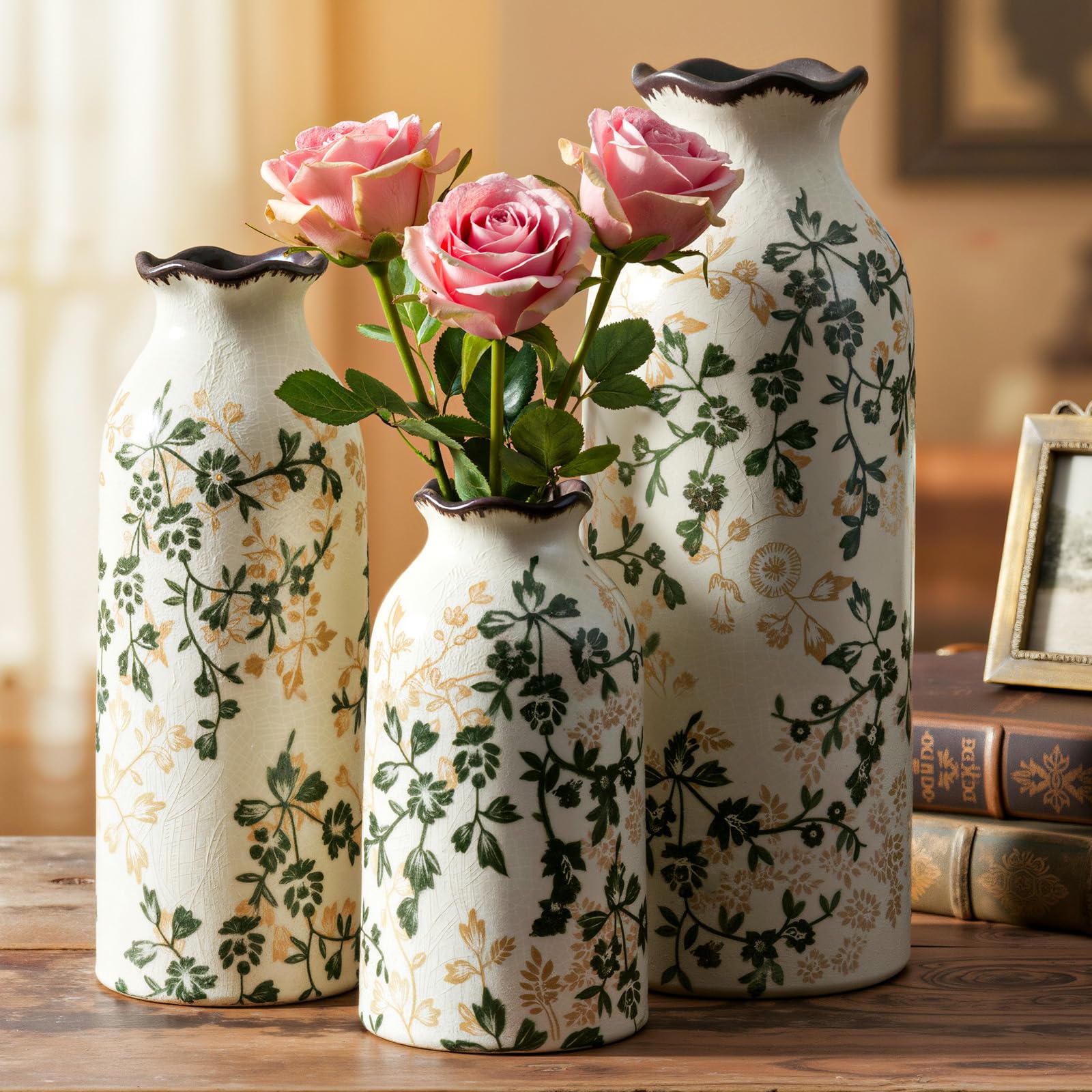 3 jarrones de cerámica vintage verde y beige agrietados para el hogar, estantería, sala de estar, centro de mesa (pequeño, mediano y grande)