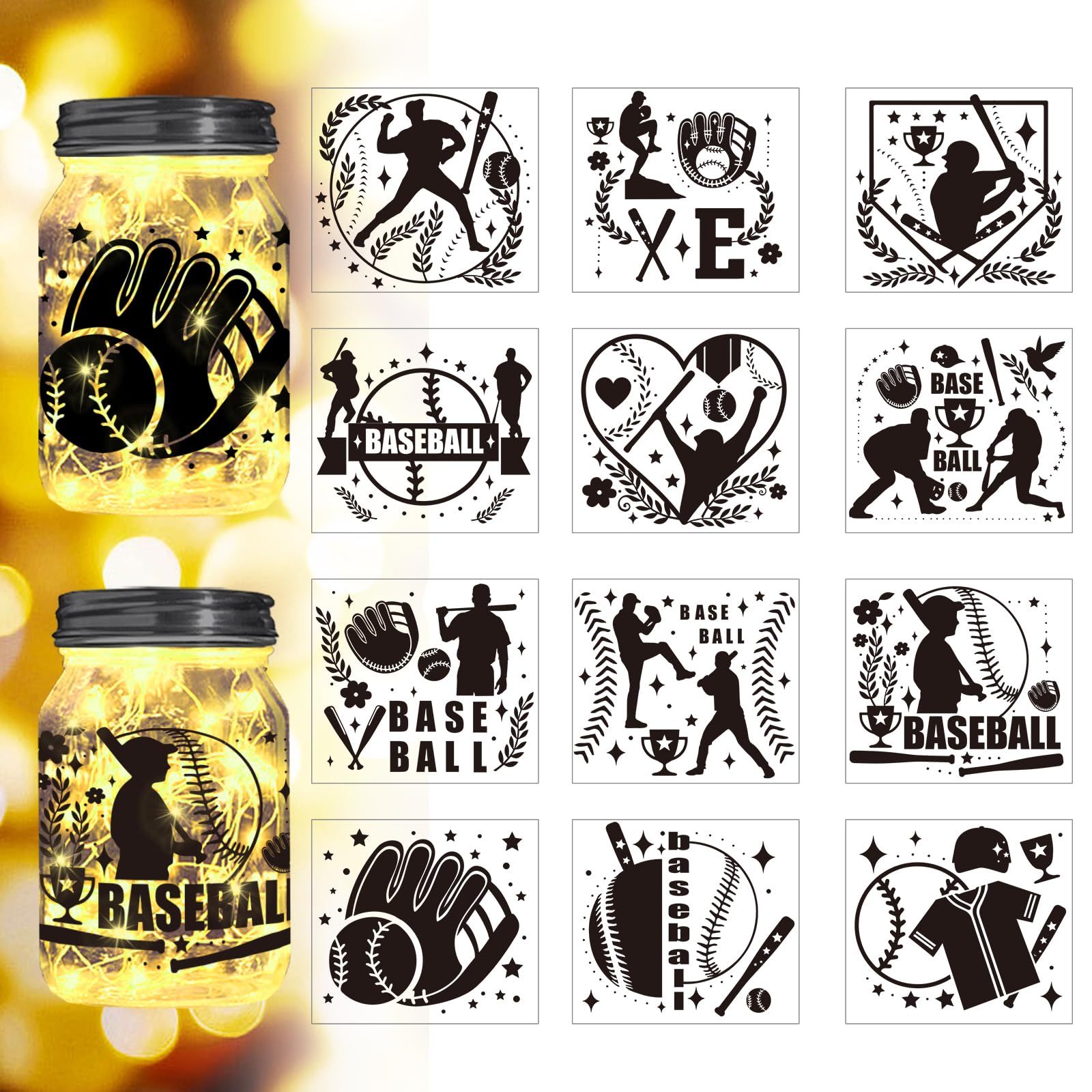 Peacoblue Baseball Silhouette Mason Jar Decor, Lantern Cutouts 12PCS