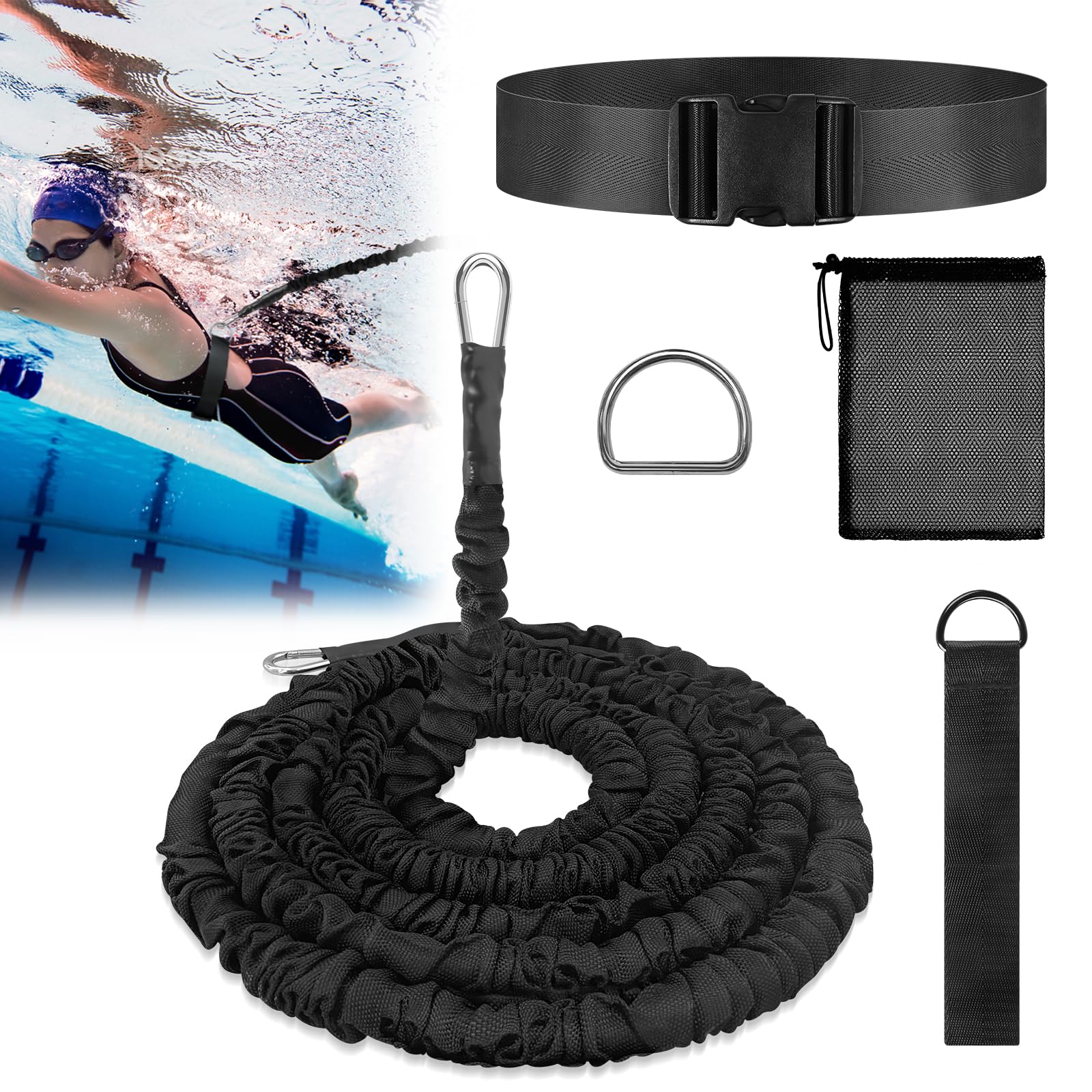 Digiroot Schwimmgurt für Pool 3M-9M einnstellbare Schwimmwiderstand Gürtel Schwimmtrainer Schwimmhilfe Gürtel Leine für Erwachsene Kinder Schwarz
