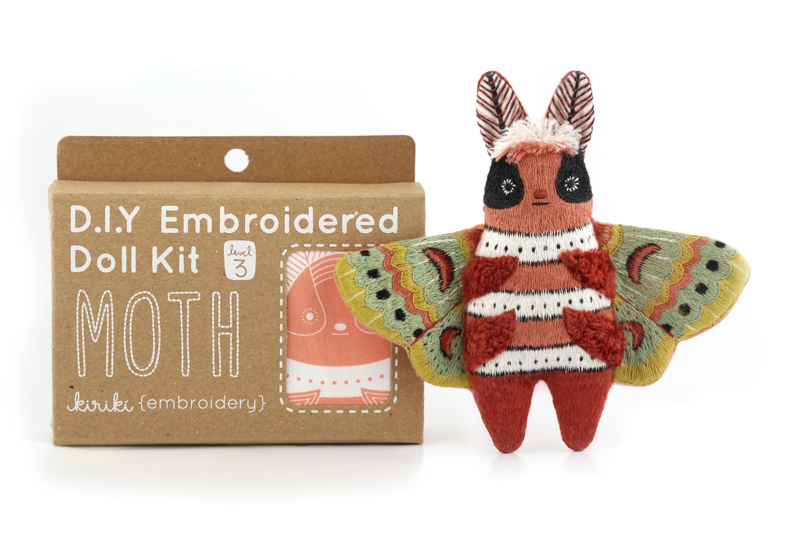 Kiriki Press DIY Embroidery Doll Kit - Skill Level 3 - Beginner to Advanced Embroidery Kits for Adults Teens (3 Skill Levels) Animal Embroidery Kit - Screen Printed Pattern (Moth - Level 3)