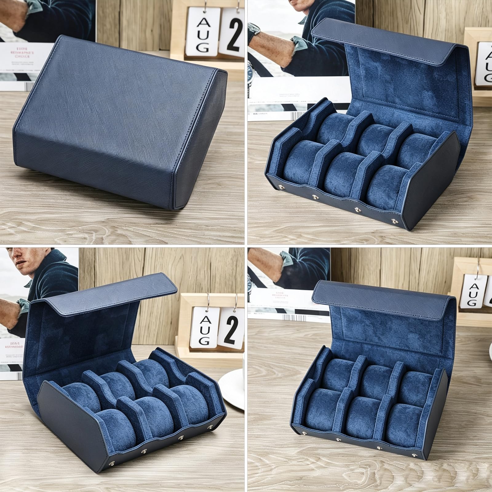 Hiram Hexagon etui na zegarek, prawdziwa skóra saffiano, pudełko na 6 zegarków, skórzane 6 przegródek, ochronne etui do przechowywania, organizer na zegarek dla mężczyzn (niebieski)