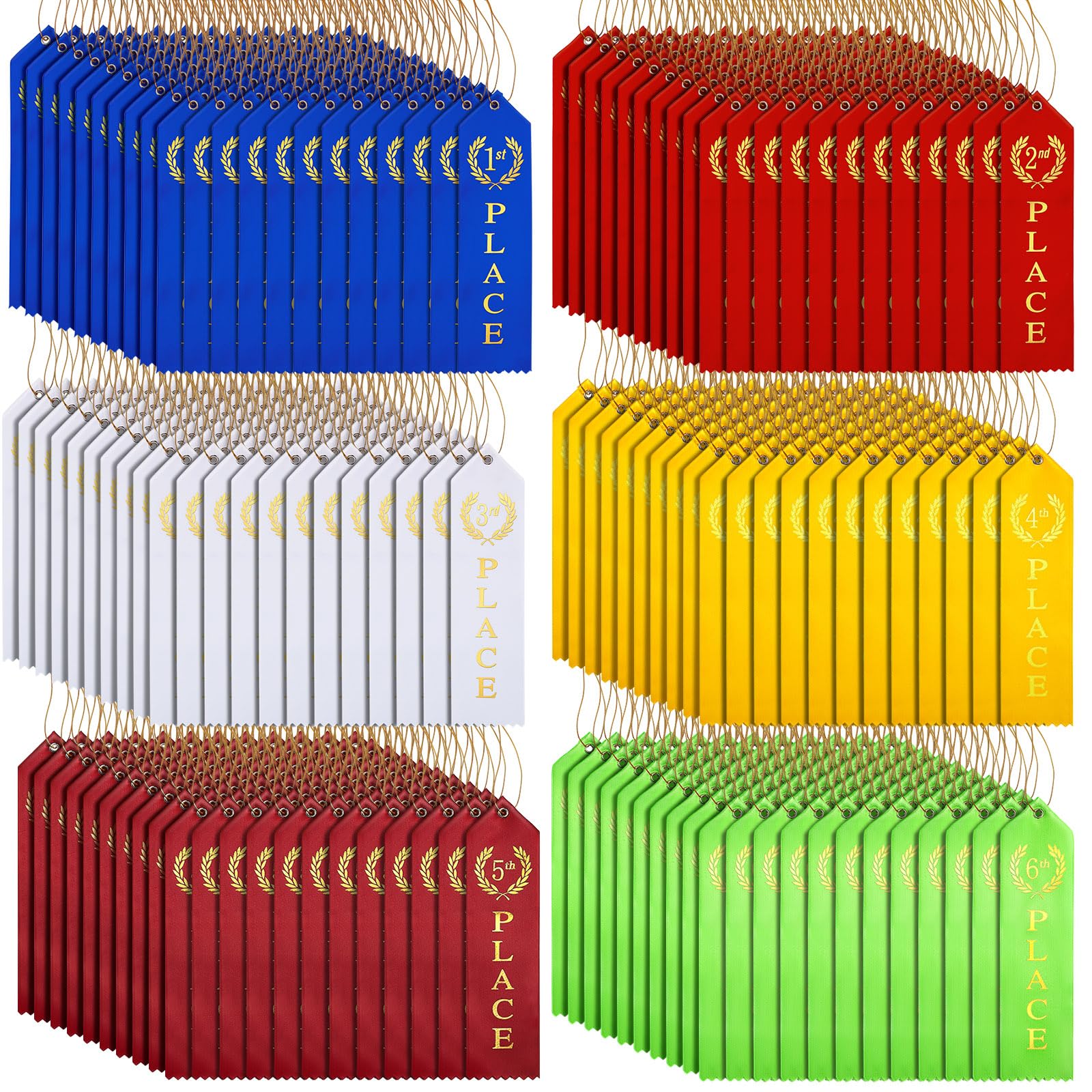 Kenning 720 Pcs Swimming Gymnastics Track Award Ribbon 1st to 6th Place Flat Carded Set First Place Prizes with Card and Rope Contest Award Ribbon Organizer, 6 Color