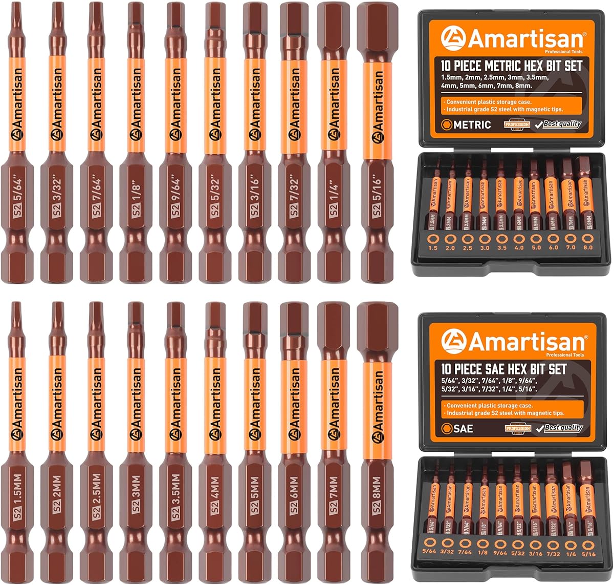 Amartisan 20-Piece Hex Head Allen Wrench Drill Bit Set, Metric and SAE S2 Steel Hex Bits Set, Magnetic Tips, 2.3" Long With Storage box.