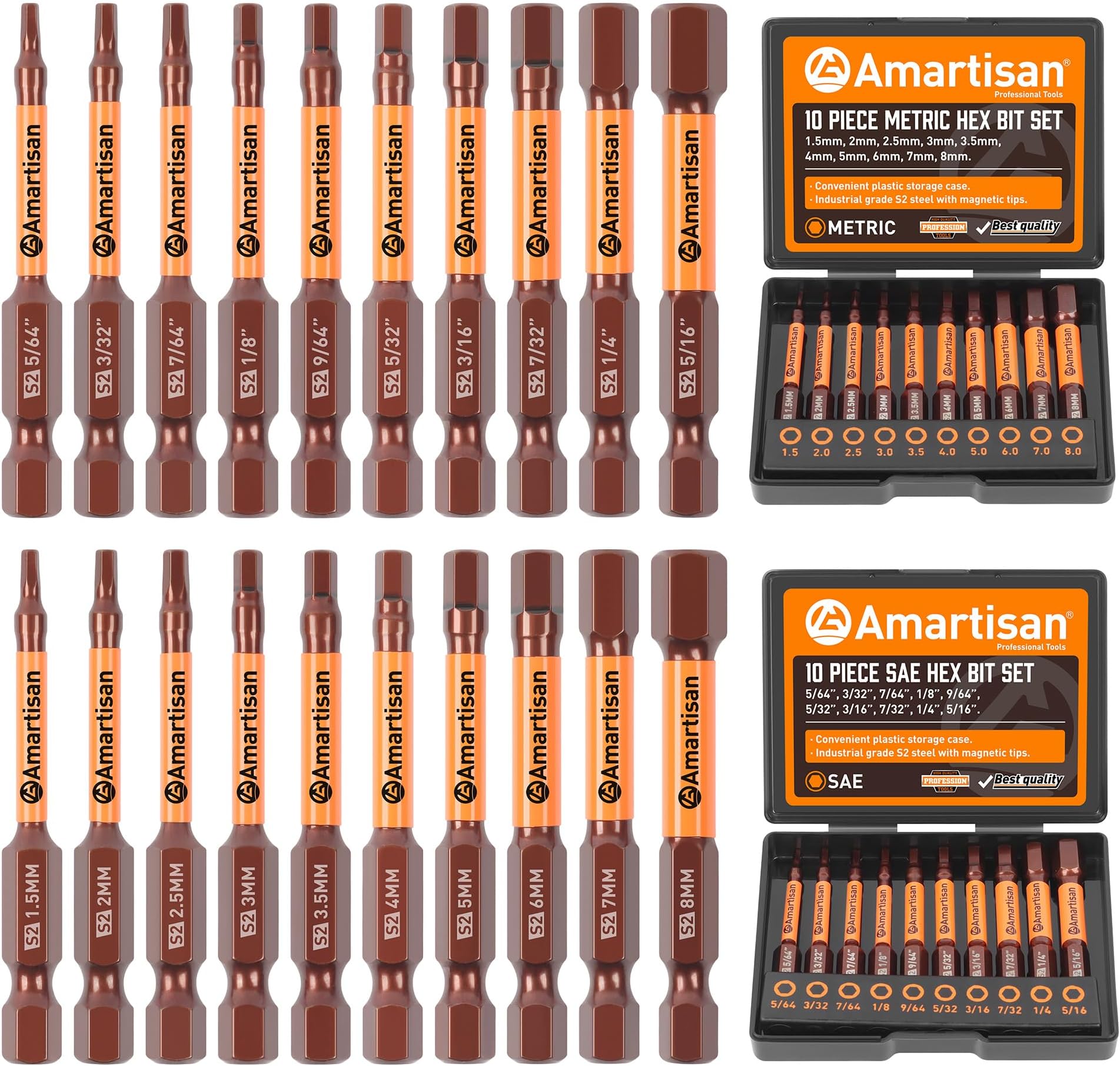 Amartisan 20-Piece Hex Head Allen Wrench Drill Bit Set, Metric and SAE S2 Steel Hex Bits Set, Magnetic Tips, 2.3" Long With Storage box.
