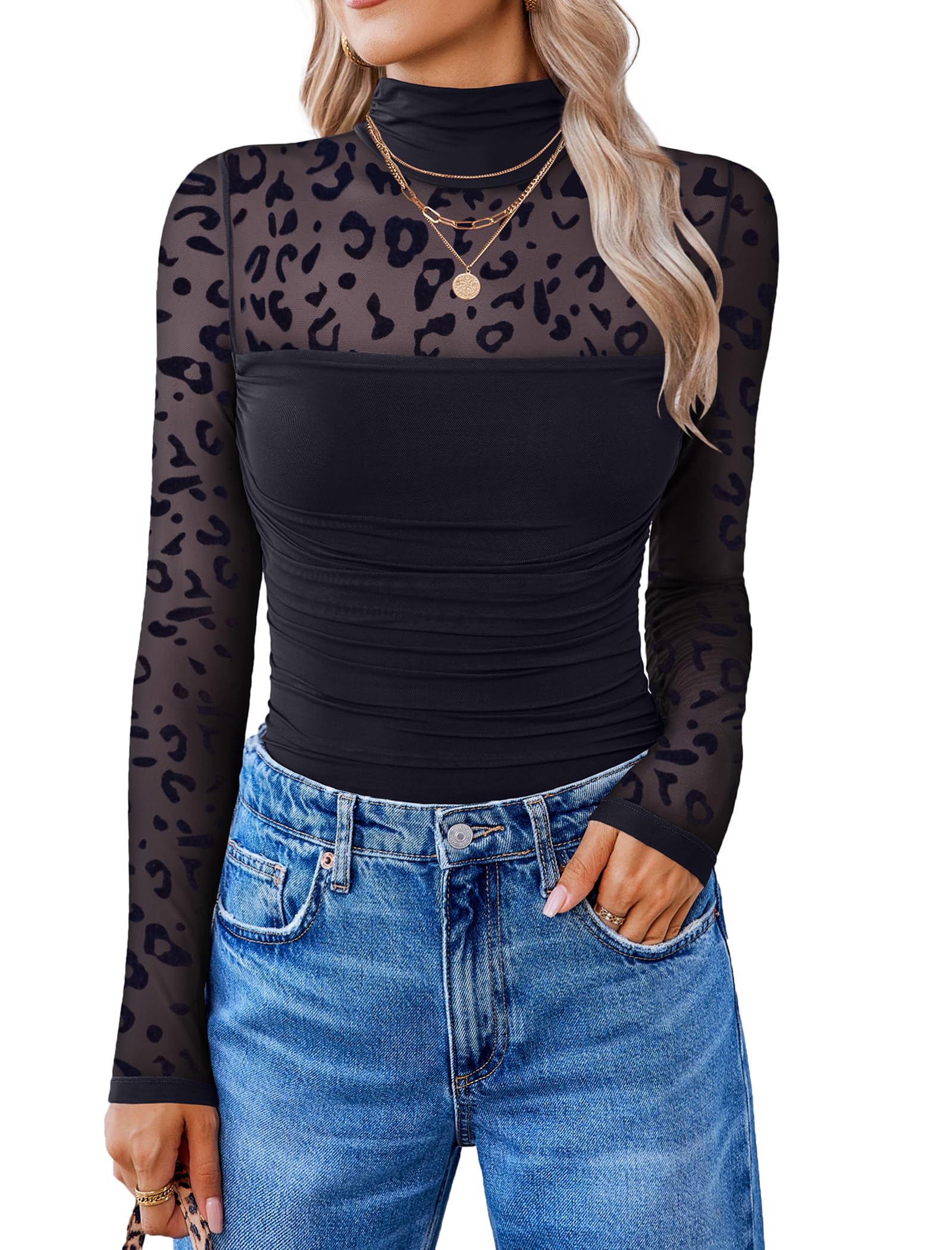 Avidlove Damen Body Sexy Bodysuit Elegant Mesh Top Langarm Rave Outfits Bodys Rollkragen Oberteil Spitzen Party Club Shirts Going Out Tops