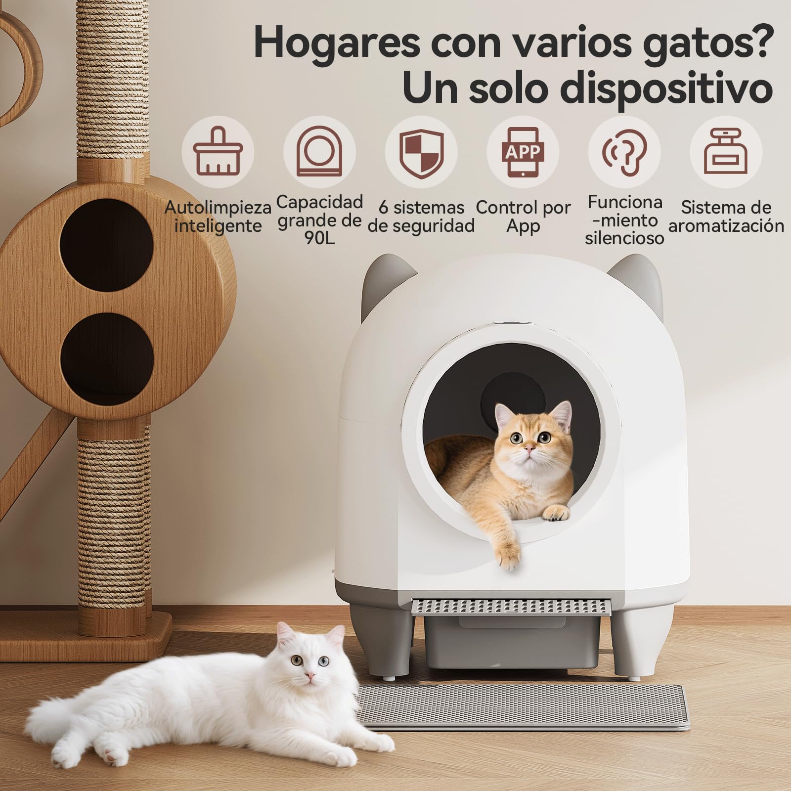Devoko Arenero Gatos Autolimpiable Grande, 90L Gran Capacidad Arenero Automatico Gatos, Equipado con Sistema de 6 Seguridad, Compatible con Control App, Función Mejorada Eliminación Olores