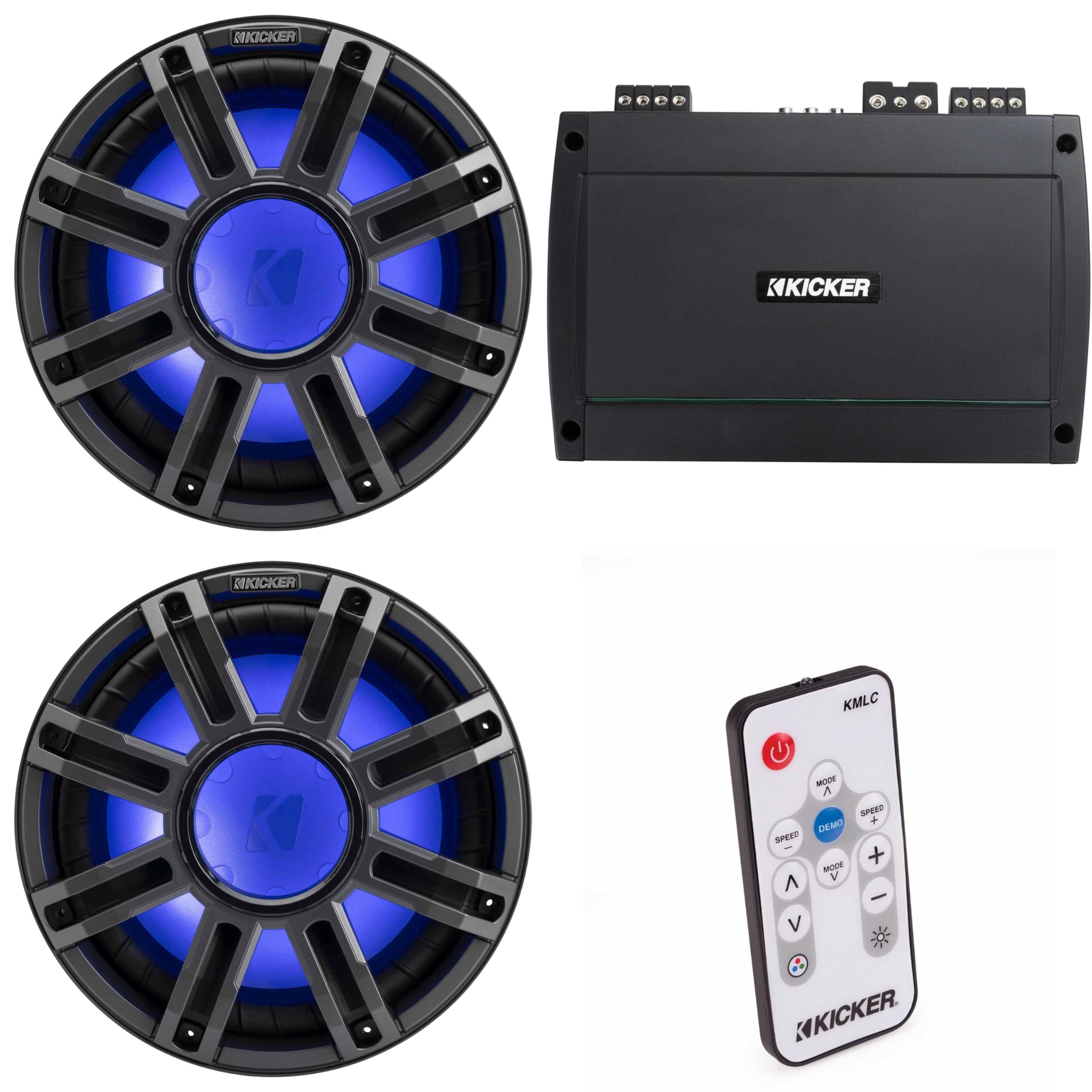 Kicker (2) 51MWE124 - MWE 12-Inch Premium Marine Subwoofer (Enclosure) 4-ohm & 48KXMA8004 Marine Amp Bundle (Includes LED Remote)